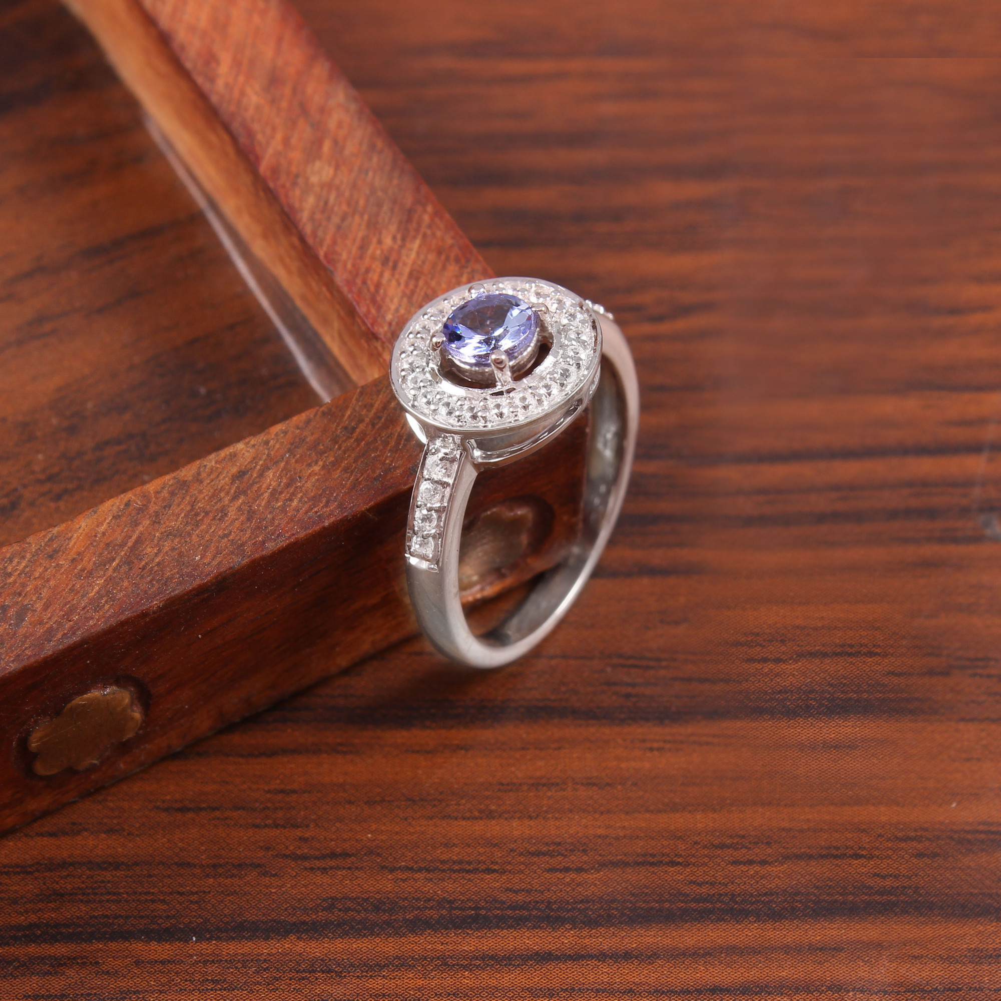 Tanzanite Halo Engagement Ring With Natural White Zircon