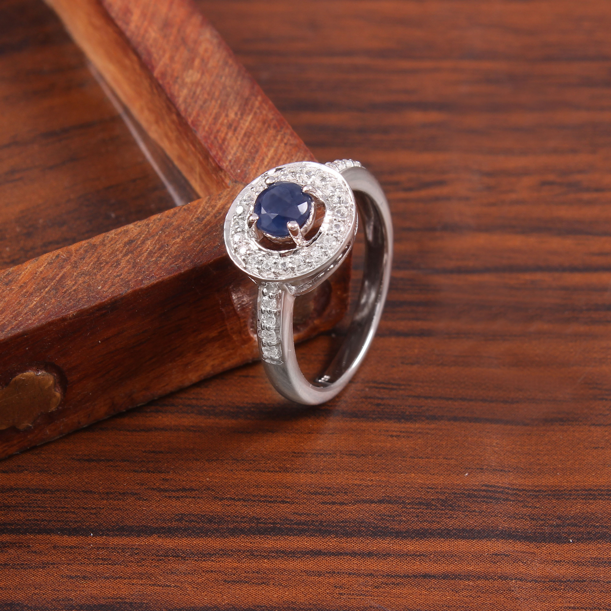 Blue Sapphire Halo Engagement Ring With Natural White Zircon