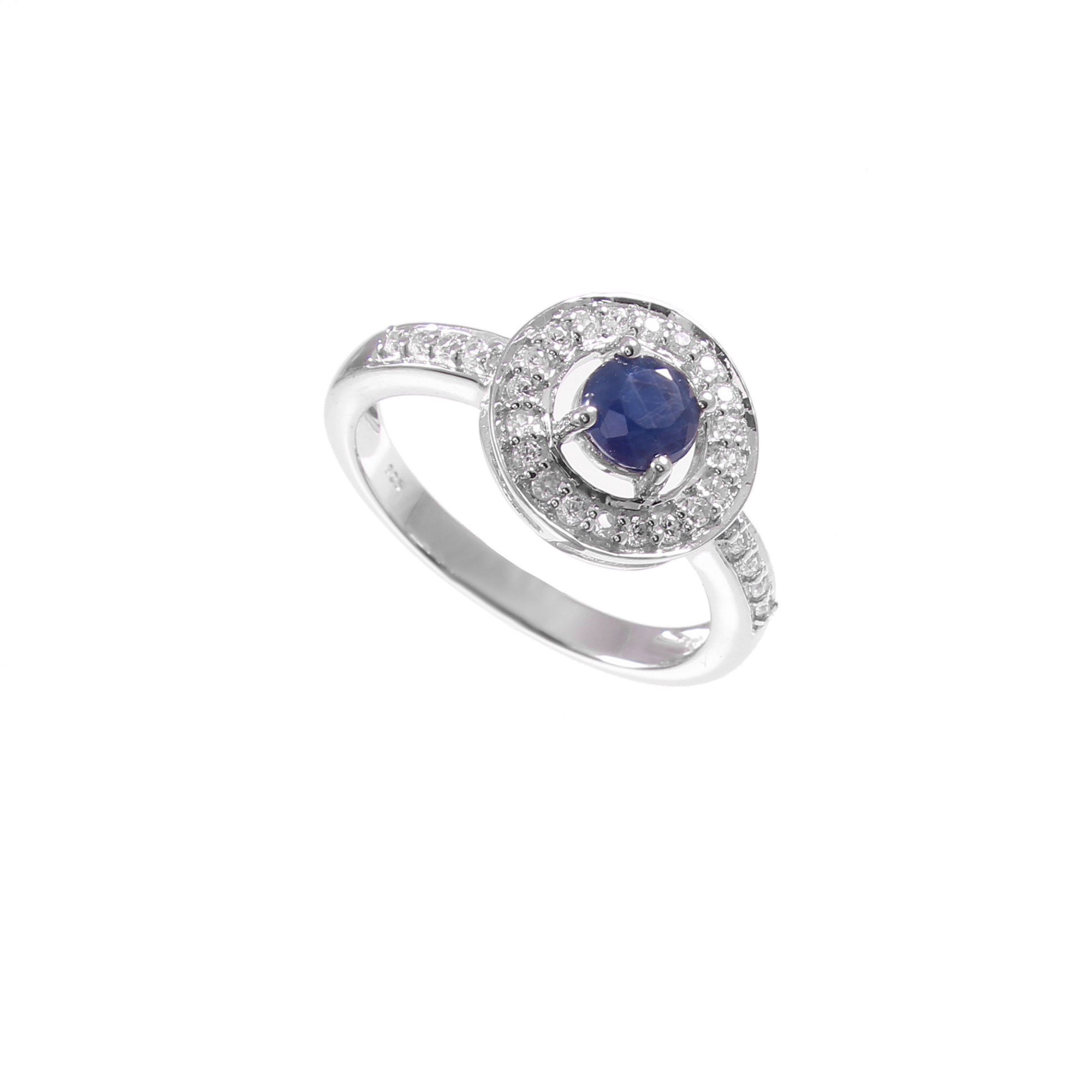 Blue Sapphire Halo Engagement Ring With Natural White Zircon