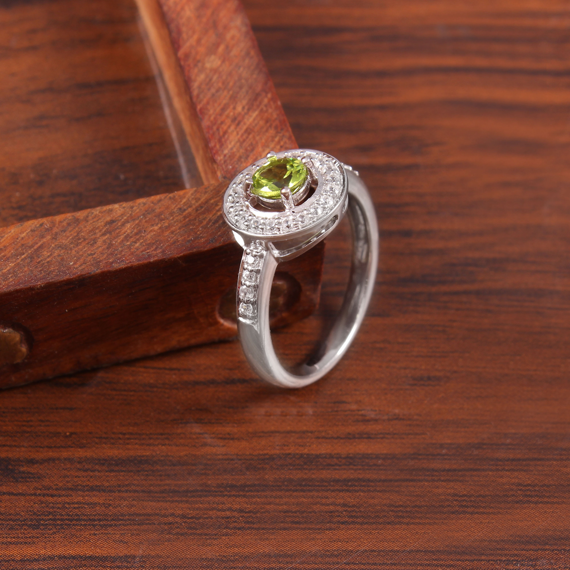 Peridot Halo Engagement Ring With Natural White Zircon