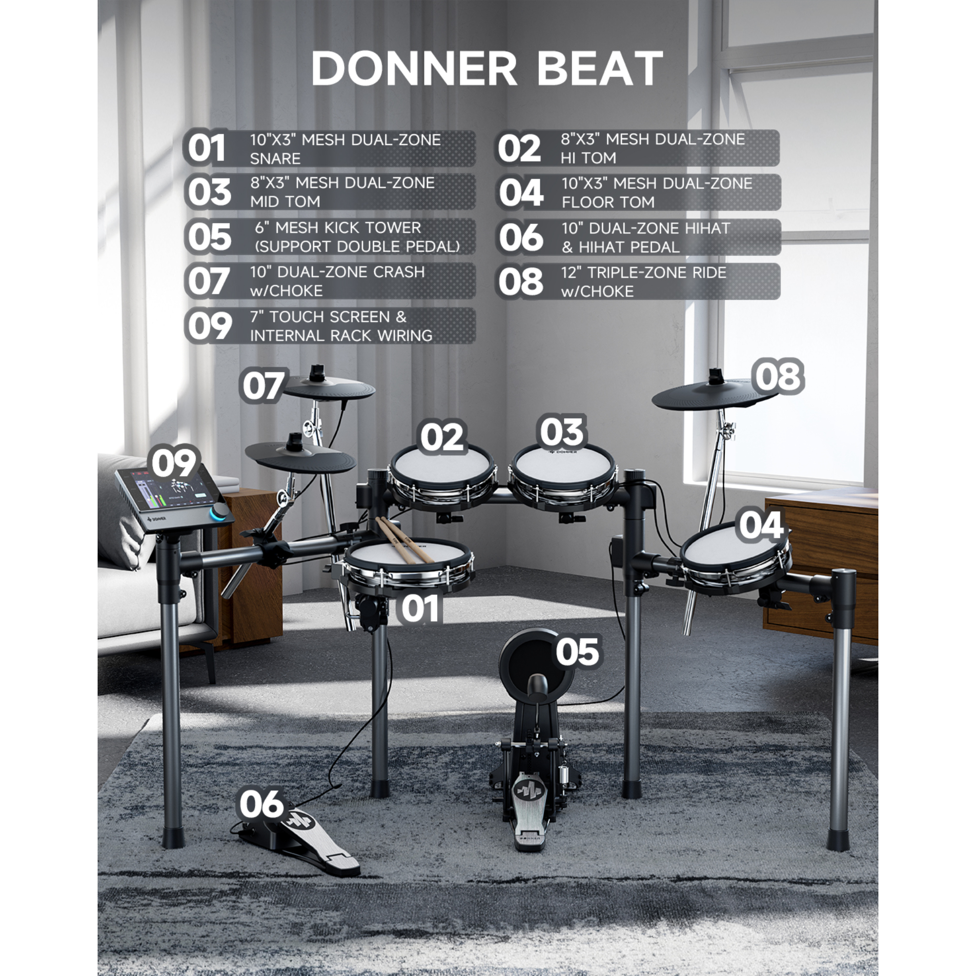 Donner BEAT 5-Drum 3-Cymbal Electronic Drum Set with Touch Screen for Pros