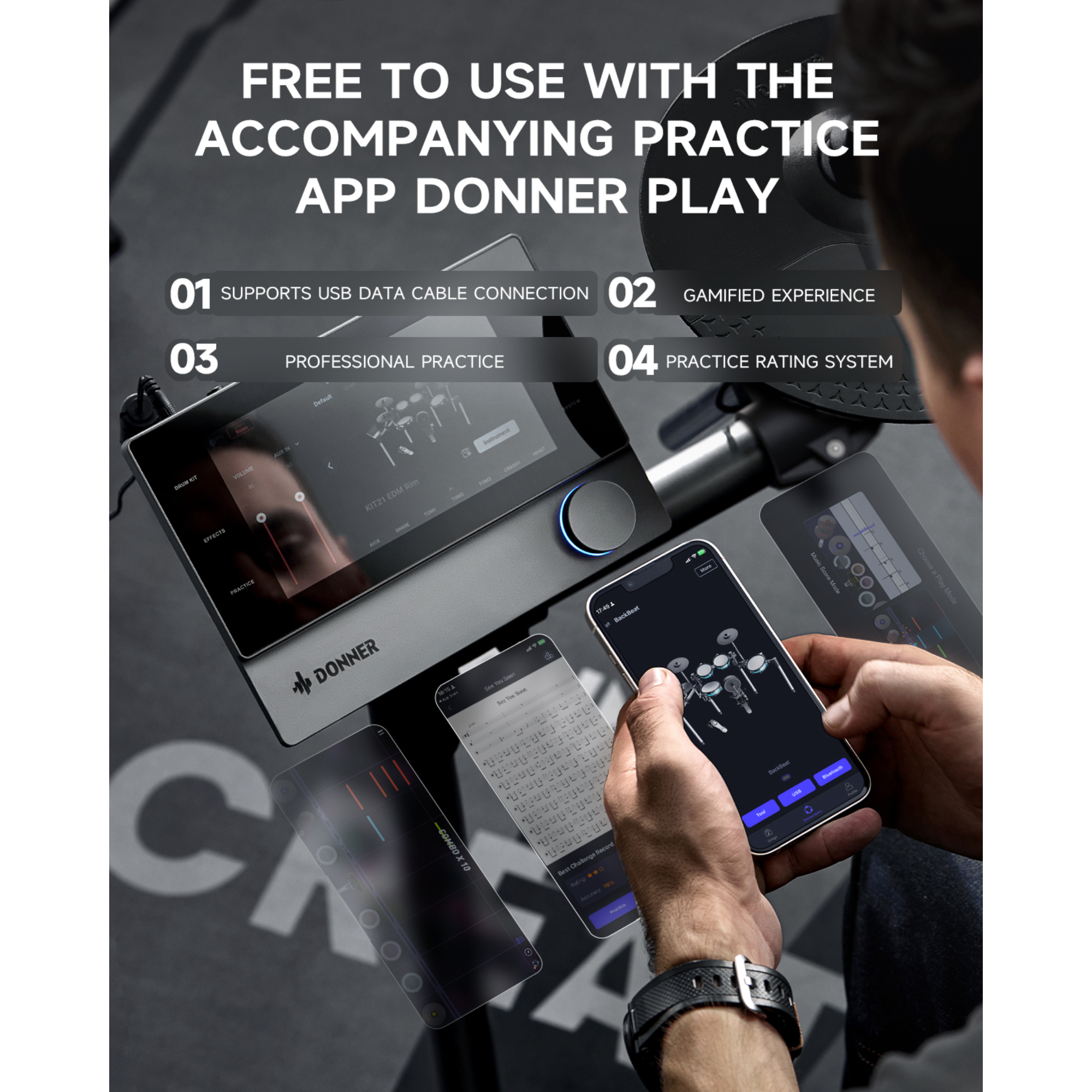 Donner BEAT 5-Drum 3-Cymbal Electronic Drumkit Set with Touch Screen for Pros