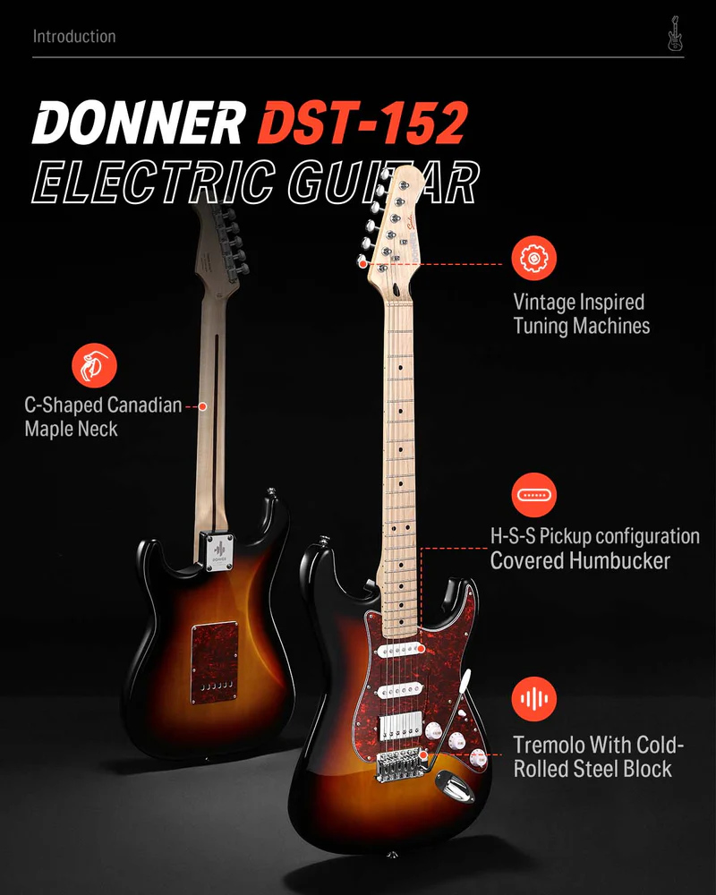 Donner Electric Guitar DST-152S 39 Electric Guitar Kit HSS Pickup Coil Split Guitar Starter Pack for Adult Beginners with Amp Bag Accessories Sunburst