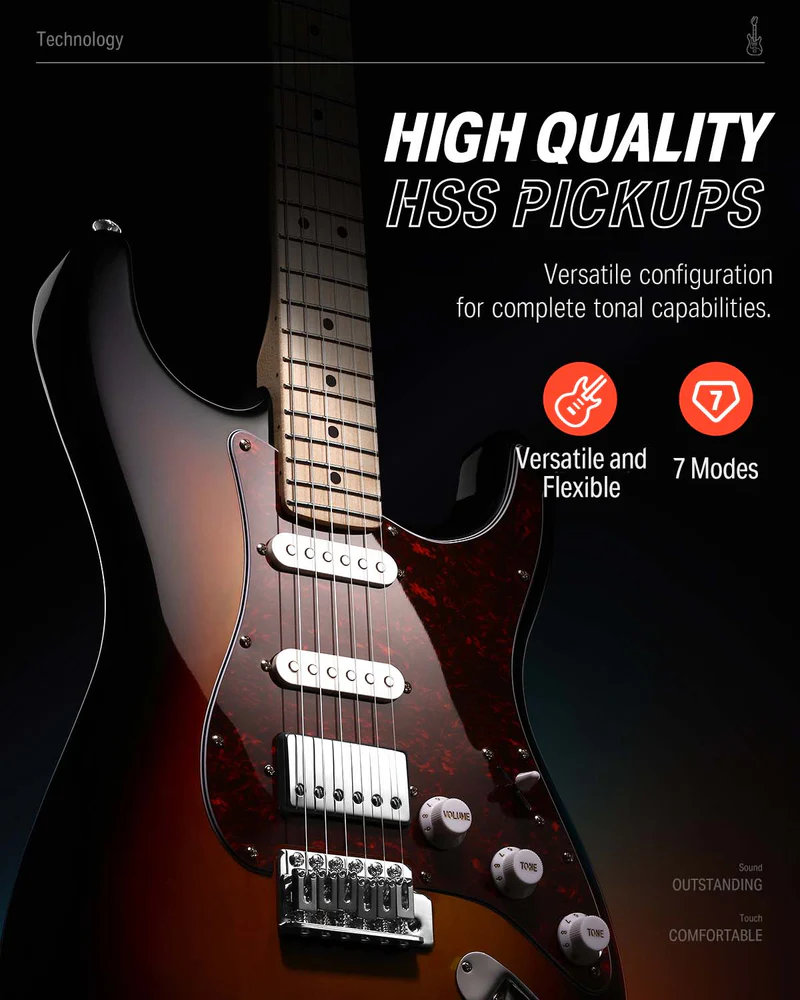 Donner Electric Guitar DST-152S 39 Electric Guitar Kit HSS Pickup Coil Split Guitar Starter Pack for Adult Beginners with Amp Bag Accessories Sunburst