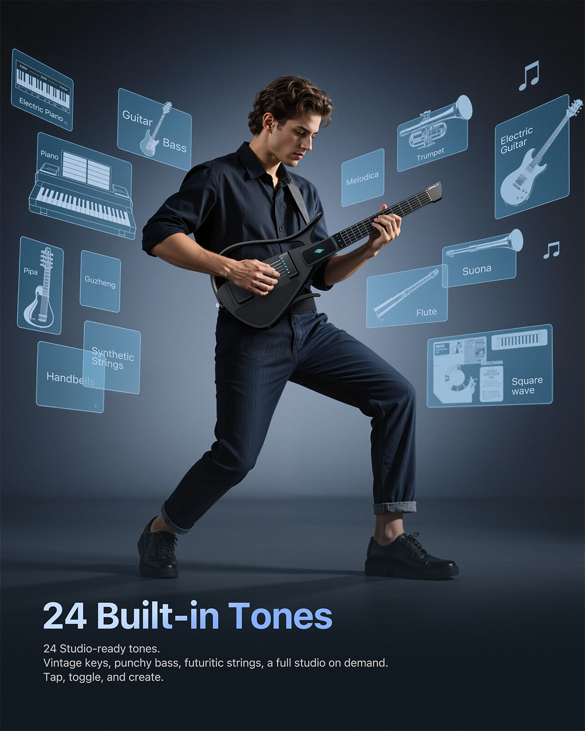 Enya CYBER-G String model Stringless Smart Guitar Foldable Travel Backing Guitar Built-in Drum Machine Bassline 20 instrument Sounds for One-Man Band App Interactive Chord Sheets For Adults Teens Black
