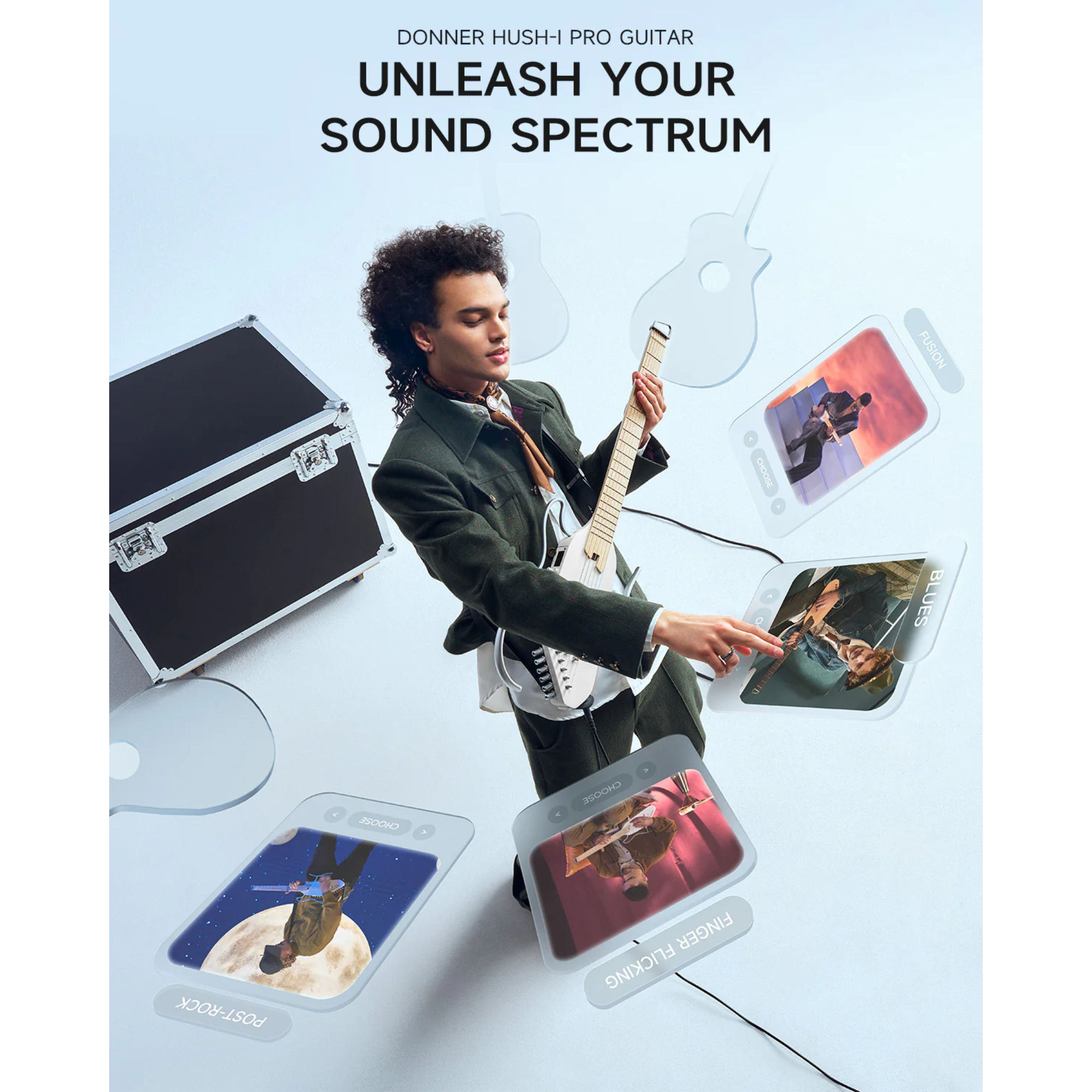 Donner HUSH-I PRO White Acoustic-Electric Travel Guitar Kit with onboard Effects