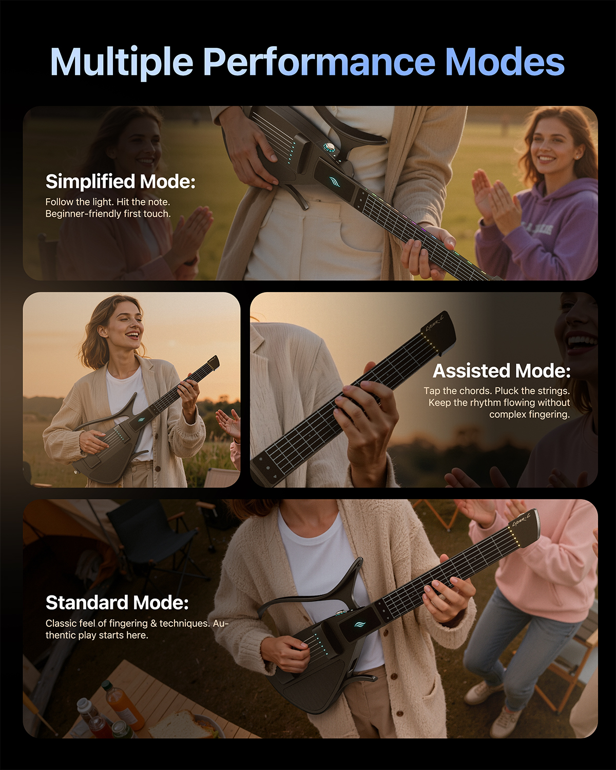 Enya CYBER-G Pick model Stringless Smart Guitar Foldable Travel Backing Guitar Built-in Drum Machine Bassline 20 instrument Sounds for One-Man Band App Interactive Chord Sheets For Adults Teens Black