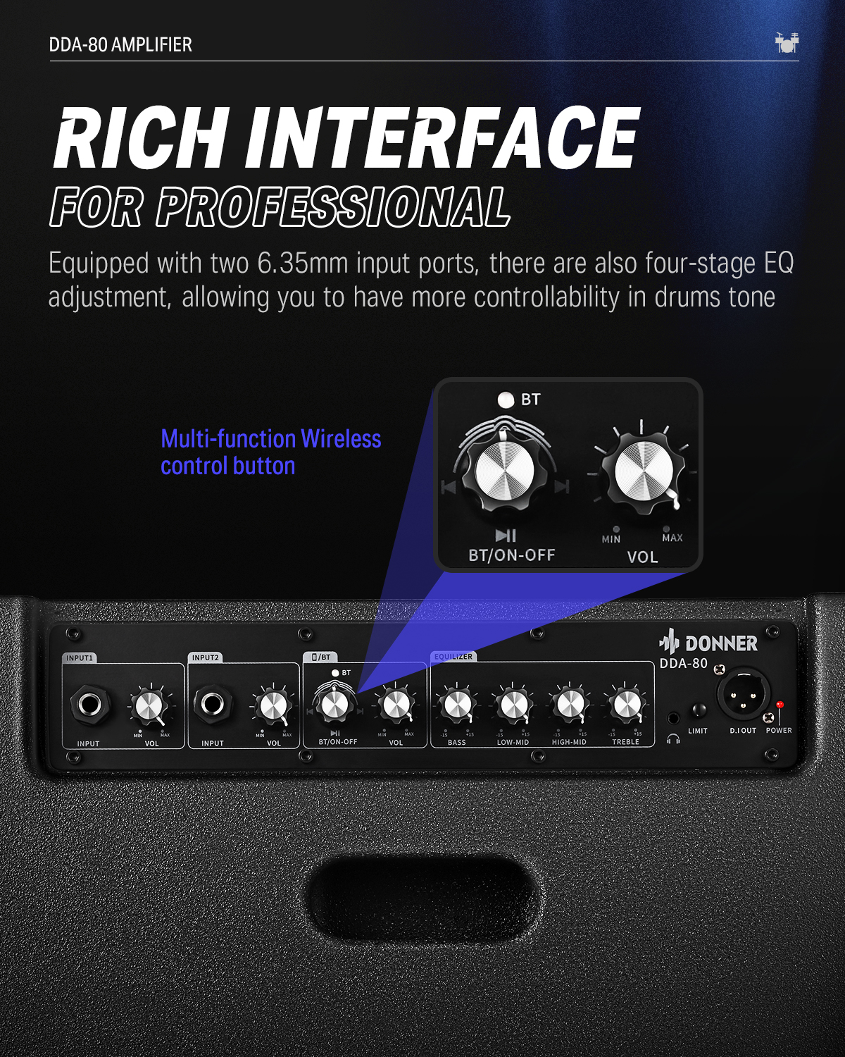 Donner Electric Drum AMP DDA-80 80-Watt Wireless Electronic Drum Amplifier Professional