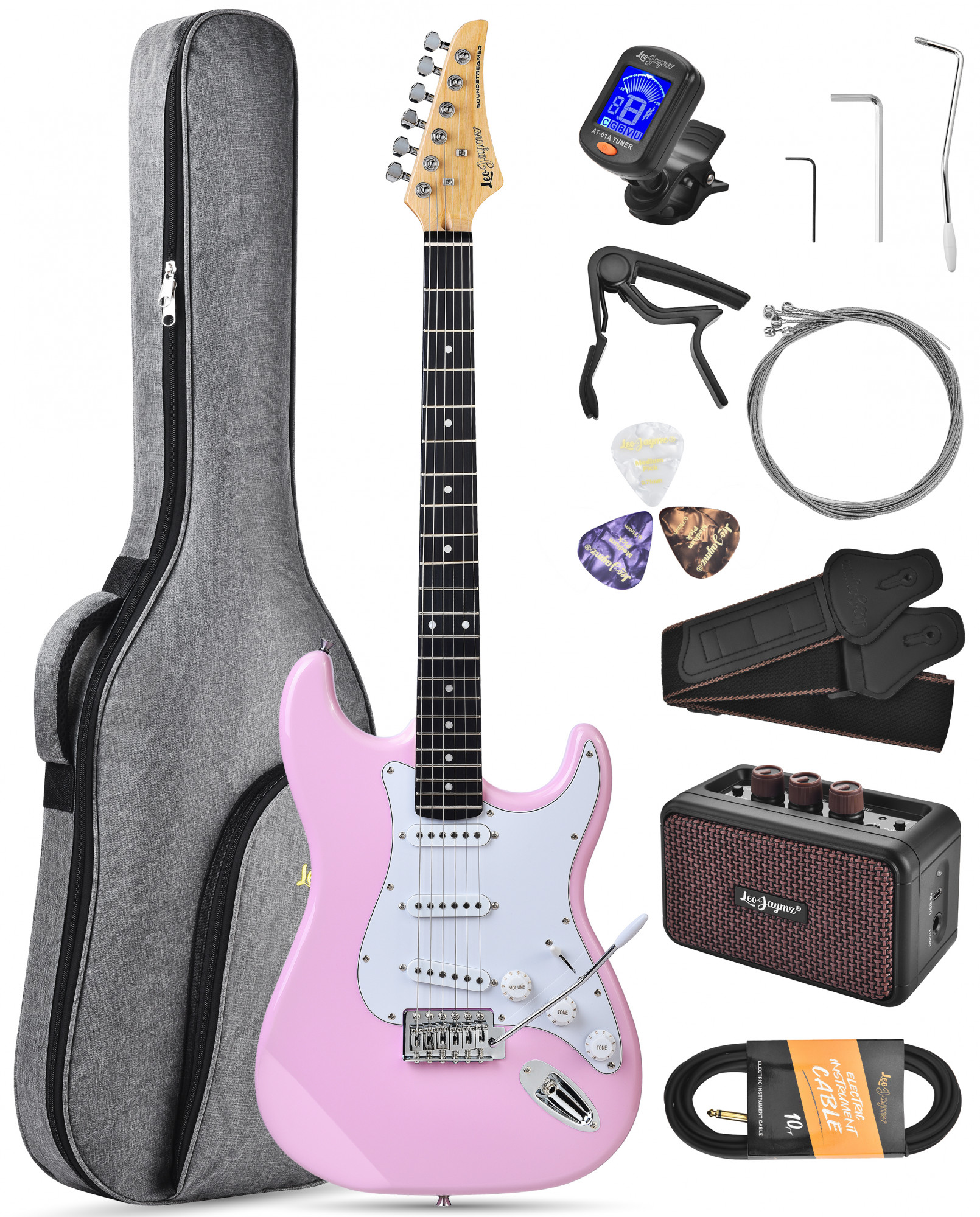 Leo Jaymz Pink Beginner Electric Guitar Complete Kit with Portable Amp Padded Gig Bag Full Accessories Maple Neck SSS Pickups