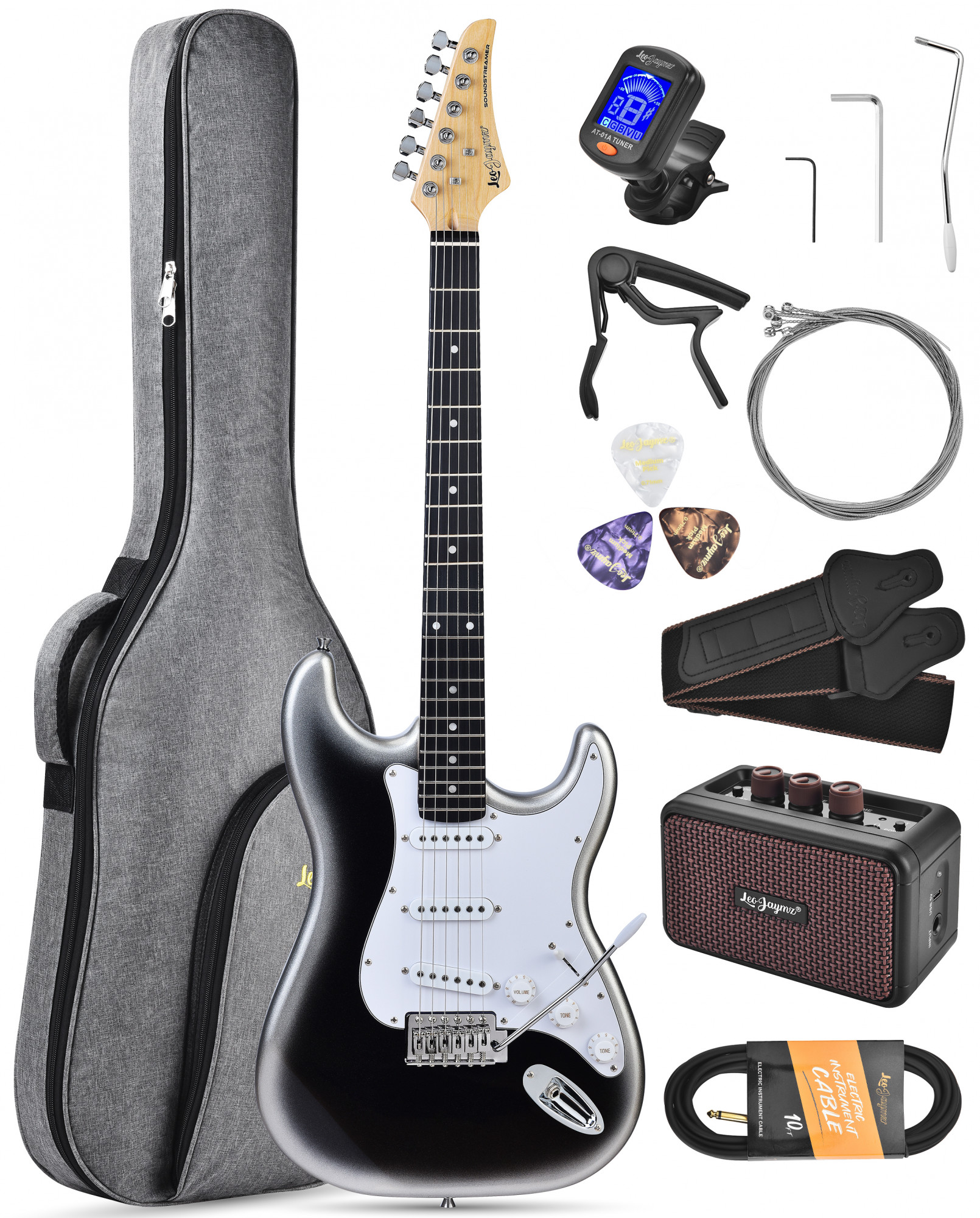Leo Jaymz white black fade Beginner Electric Guitar Complete Kit with Portable Amp Padded Gig Bag Full Accessories Maple Neck SSS Pickups