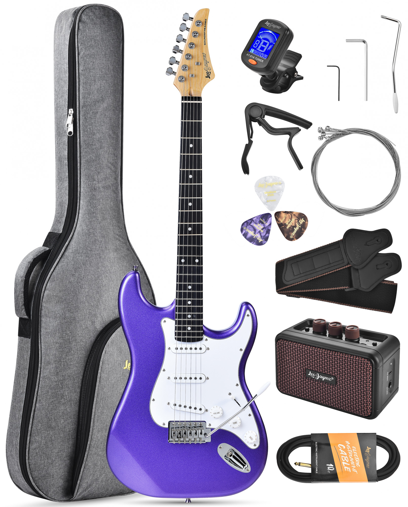 Leo Jaymz purple Beginner Electric Guitar Complete Kit with Portable Amp Padded Gig Bag Full Accessories Maple Neck SSS Pickups