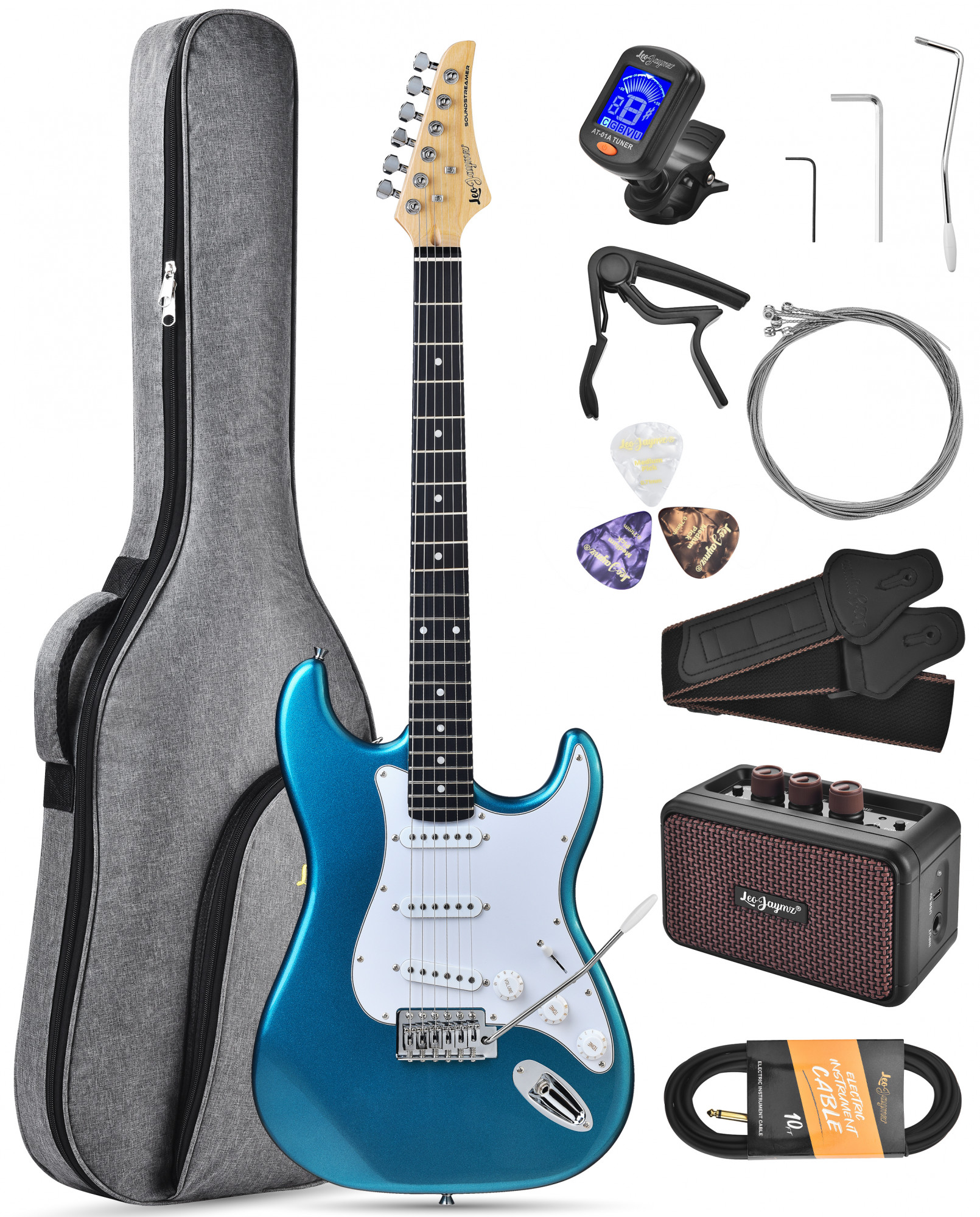 Leo Jaymz Blue Beginner Electric Guitar Complete Kit with Portable Amp Padded Gig Bag Full Accessories Maple Neck SSS Pickups