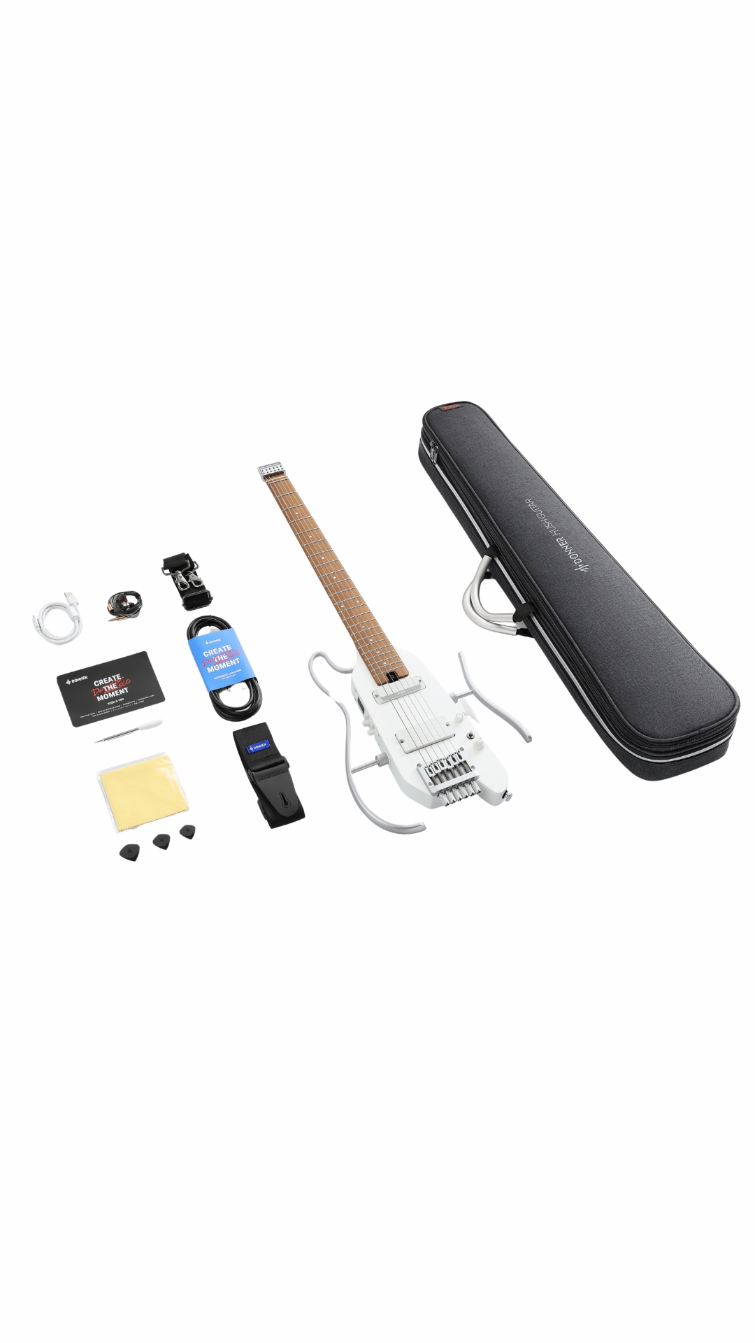 Donner HUSH X PRO White Electric Guitar Kit - Smart Travel Guitar with Dozens of Preset Combinations 7 Tone Sim Options