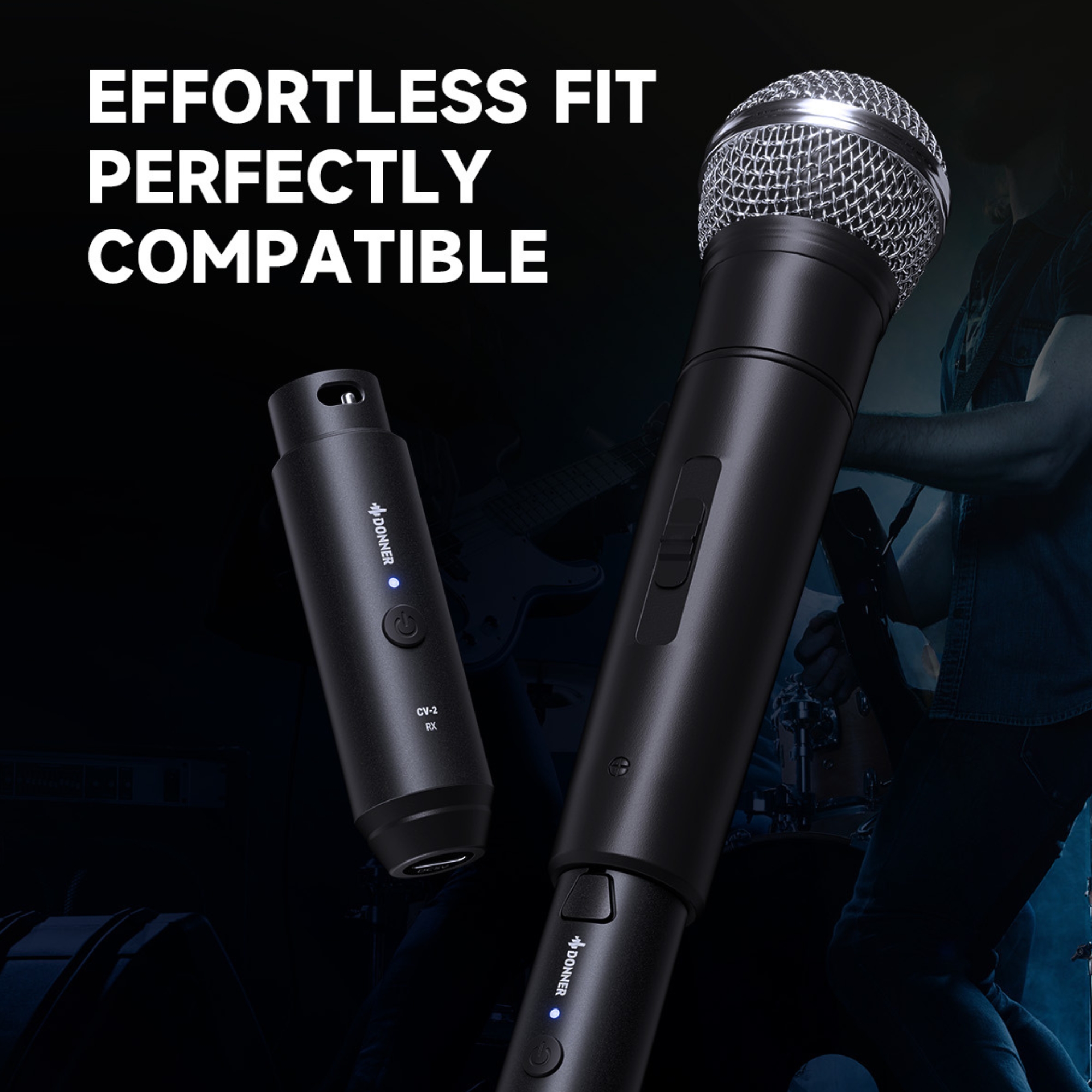Donner CV-2 Wireless XLR Microphone Transmitter Receiver 24GHz Plug-on Wireless Microphone Adapter with 24-bit192kHz High-Resolution for Dynamic Microphone Audio Mixer PA System Camera
