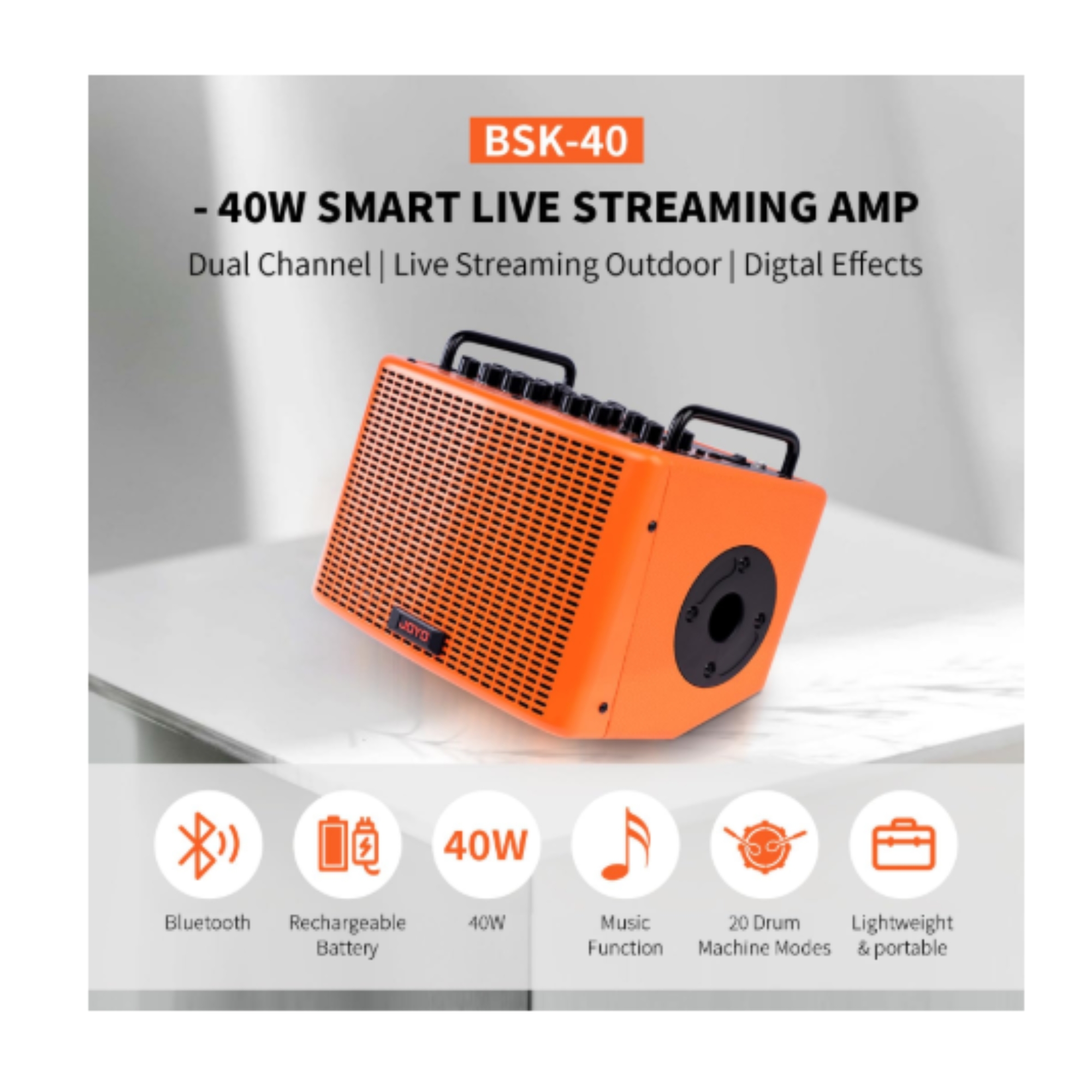 JOYO BSK40 ORANGE 40 Watt Combo Amplifier Rechargeable Guitar Vocal Two Channels Guitar Amp with Drum Machine Reverb Chorus Delay Effects and Bluetooth XLR Aux-in