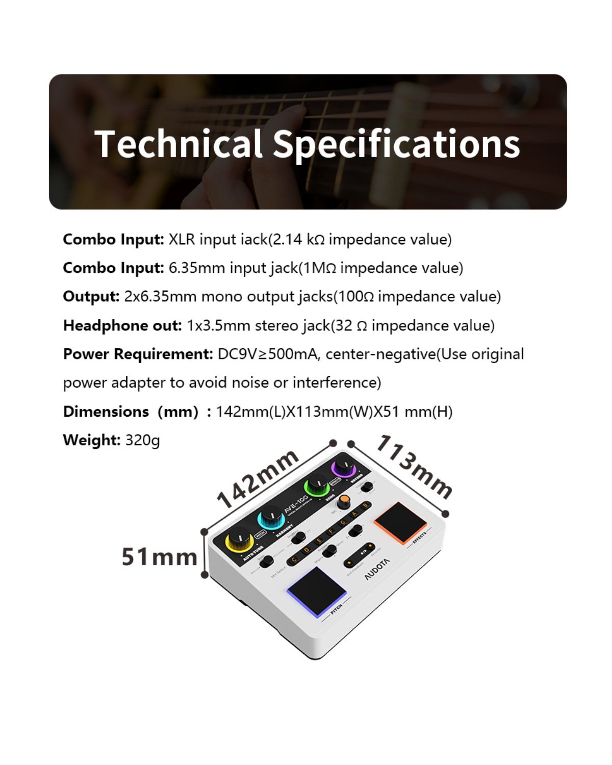 AUDOTA AVE-100 Vocal Multi Effects Processor with Pitch Correction