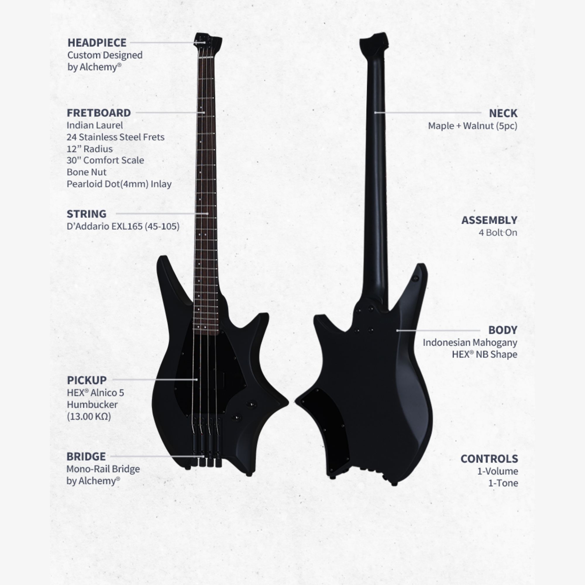 Hex NB300S BK BLACK Headless bass 4 string SS frets