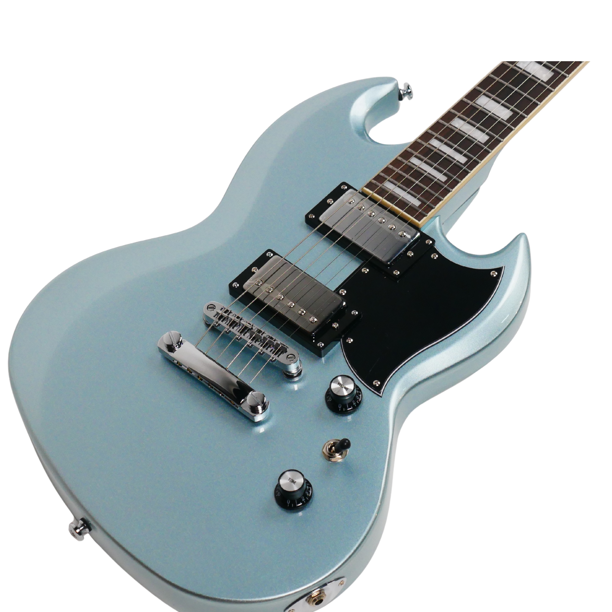 SQOE SESG450 Electric Guitar Arsenal Devils Horns Series Frost Blue SG Shape with Dual Humbuckers