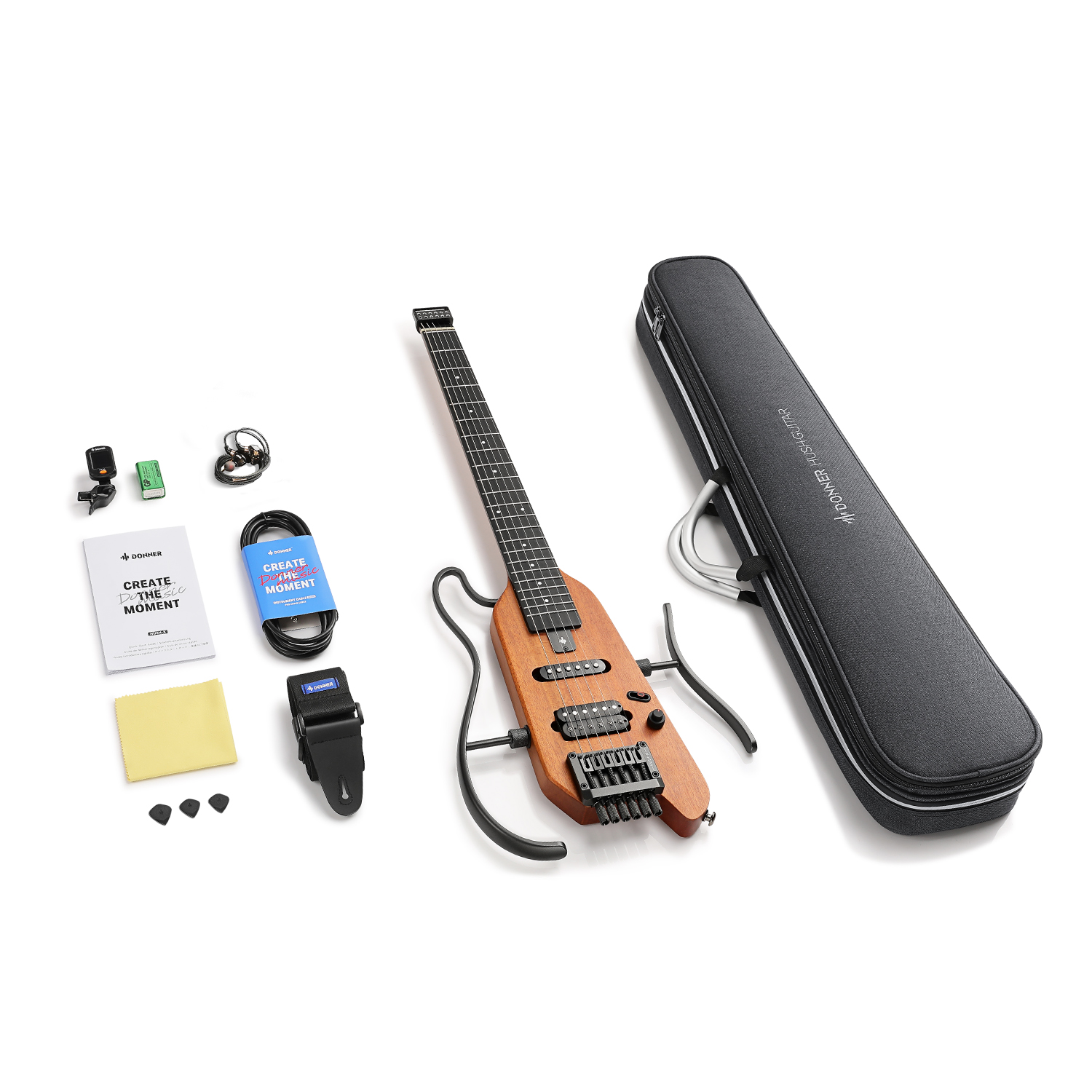 Donner HUSH-X Electric Guitar Kit white - Featherlight Headless Guitar Great for Travel and Practice Mahogany Solid Body with Easy Assemble Stands Gig Bag All Accessories