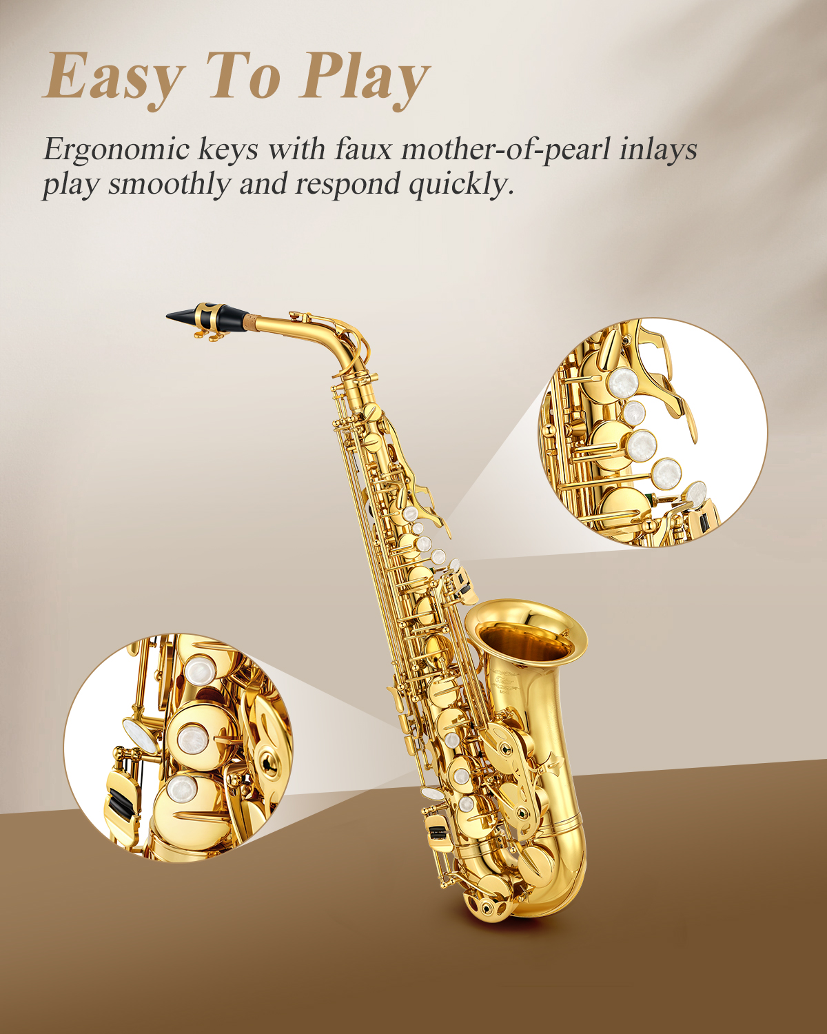 Eastar AS-II E Flat Student Alto Saxophone E Flat Gold Lacquer Saxophone Full Kit With Carrying Sax Case Mouthpiece Straps Reeds Stand Cork Grease