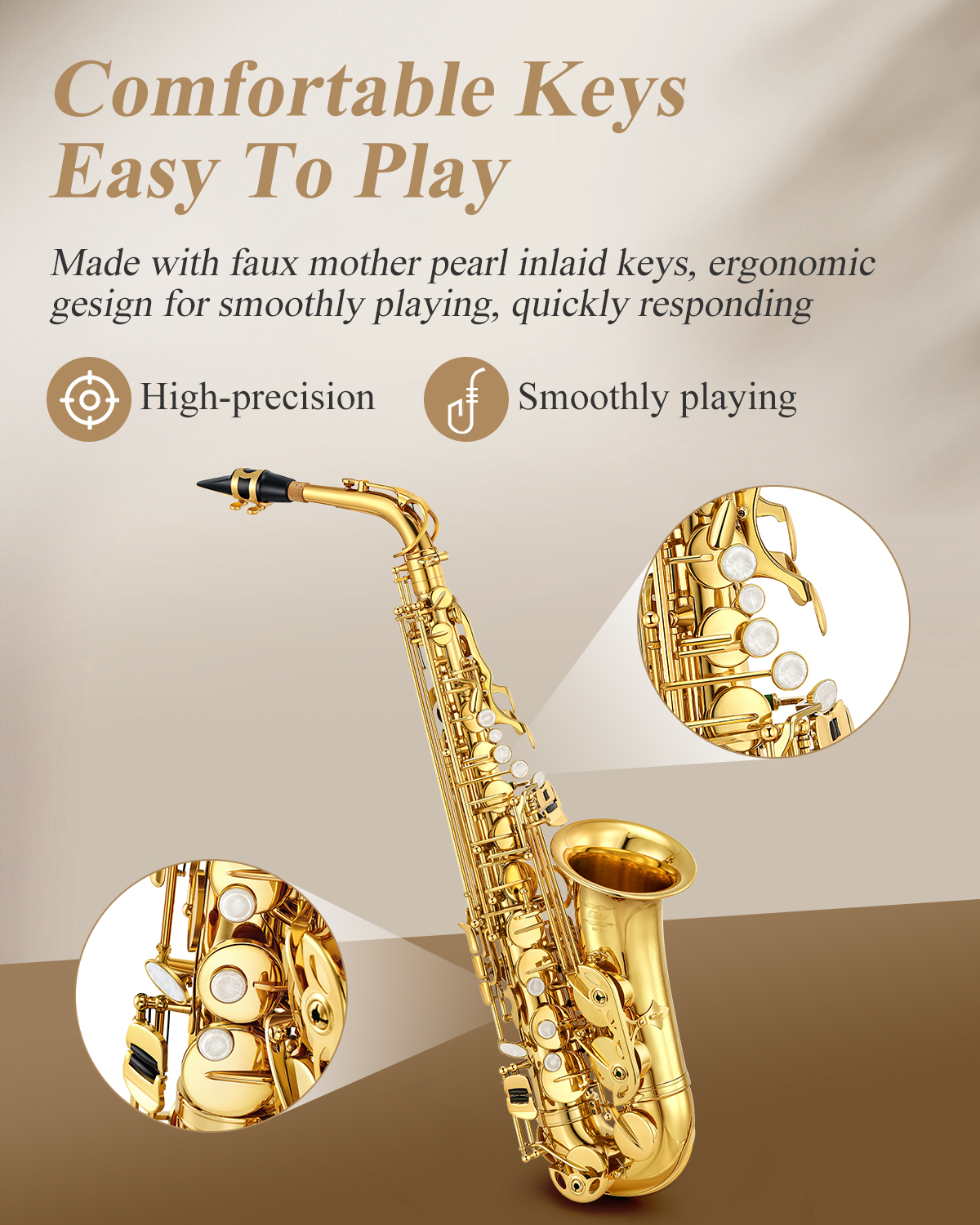 Eastar AS-II E Flat Student Alto Saxophone E Flat Gold Lacquer Saxophone Full Kit With Carrying Sax Case Mouthpiece Straps Reeds Stand Cork Grease