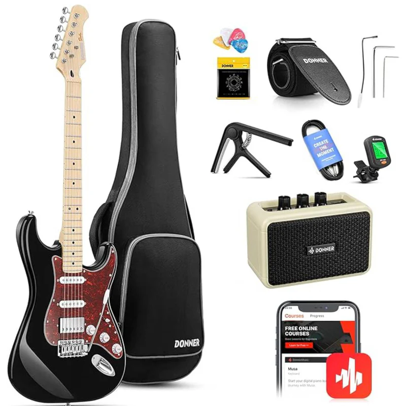 Donner Electric Guitar DST-152B 39 Electric Guitar Kit HSS Pickup Coil Split Guitar Starter Pack for Adult Beginners with Amp Bag Accessories Black