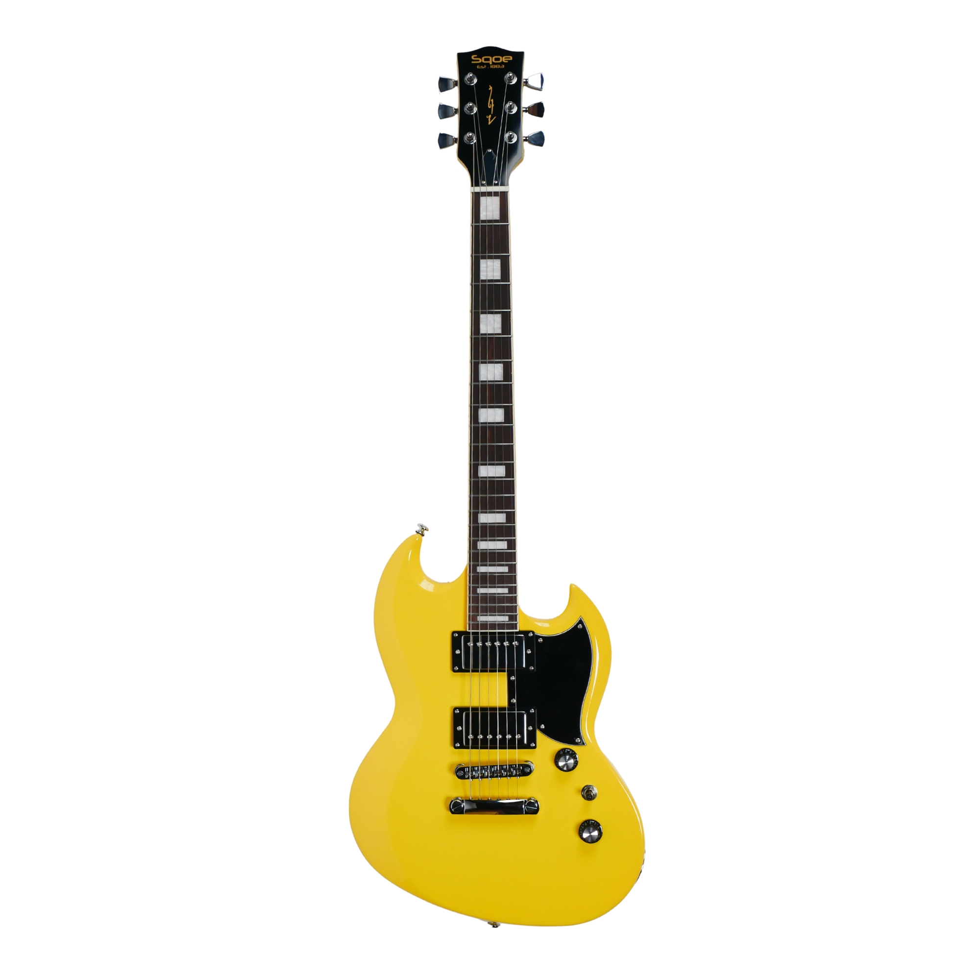 SQOE SESG450 Electric Guitar Arsenal Devils Horns Series Storm Yellow SG Shape with Dual Humbuckers