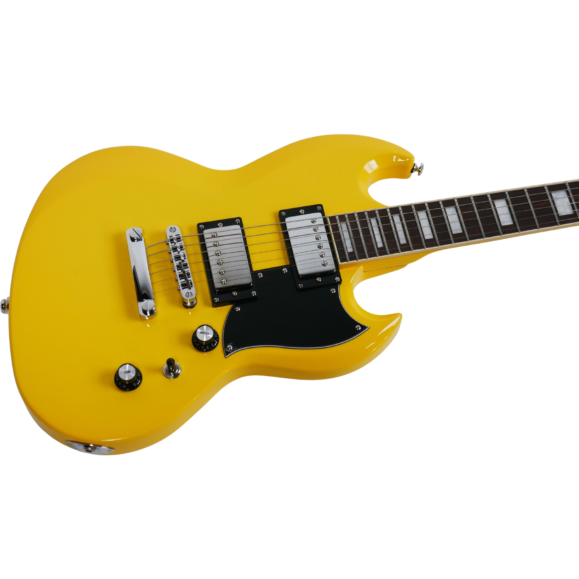 SQOE SESG450 Electric Guitar Arsenal Devils Horns Series Storm Yellow SG Shape with Dual Humbuckers