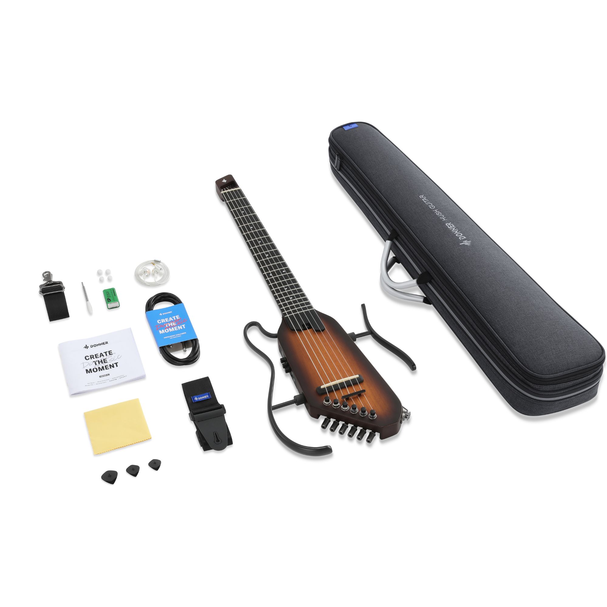Donner HUSH C Acoustic-Electric Nylon String Classical Guitar Ultra-Lightweight Travel Guitar with Built-In Tuner HPS-II Preamp Headphone Jack  Quick-Release handle  Sunburst