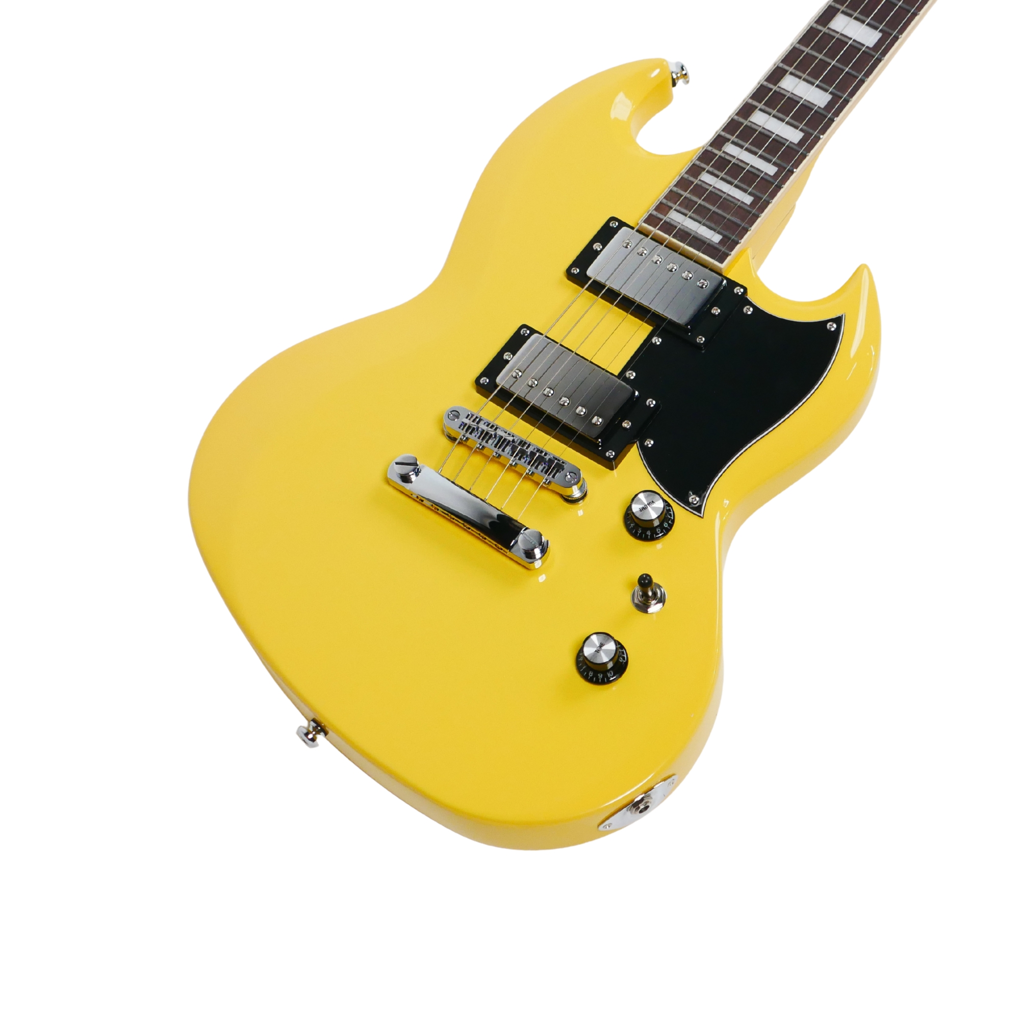 SQOE SESG450 Electric Guitar Arsenal Devils Horns Series Storm Yellow SG Shape with Dual Humbuckers