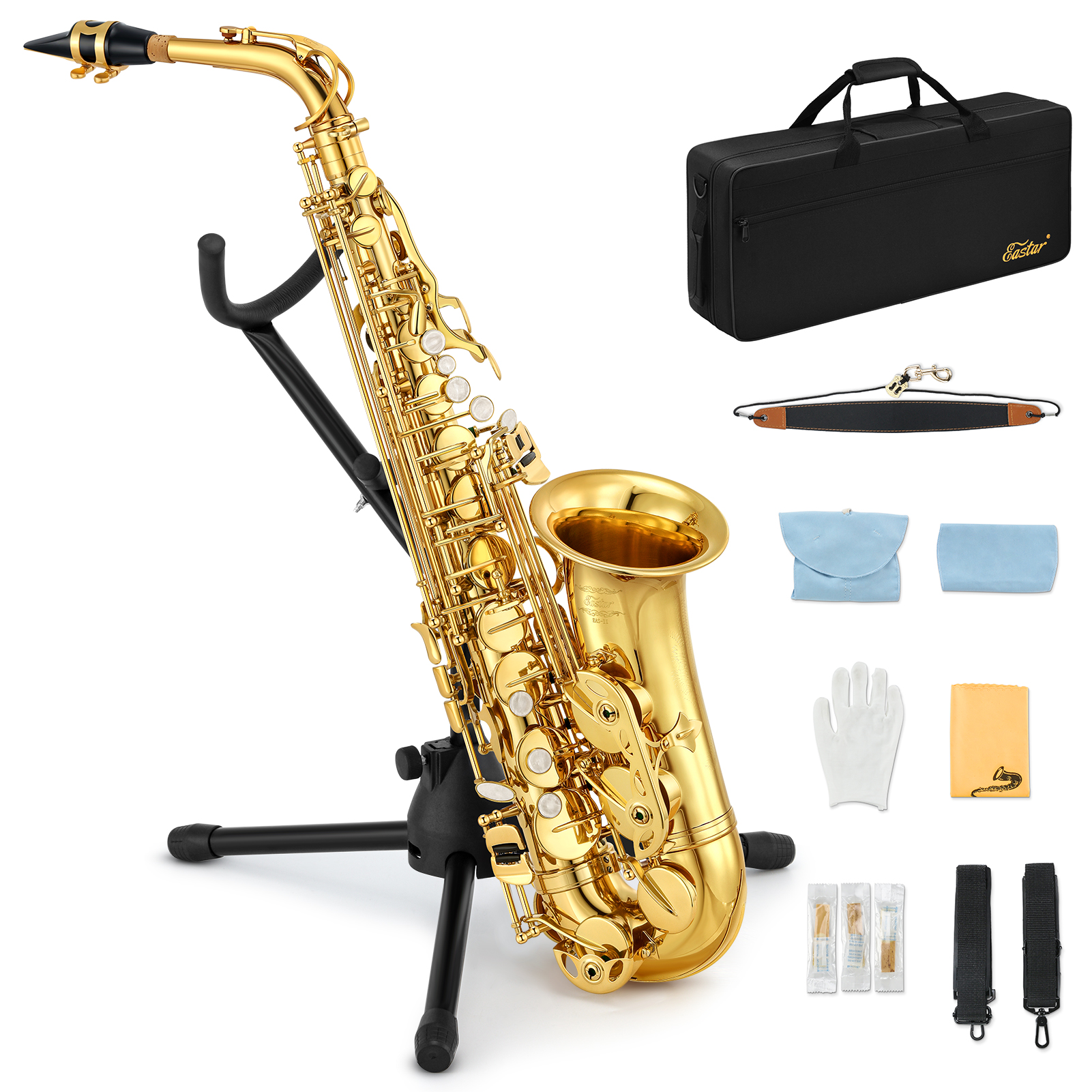 Eastar AS-II E Flat Student Alto Saxophone E Flat Gold Lacquer Saxophone Full Kit With Carrying Sax Case Mouthpiece Straps Reeds Stand Cork Grease