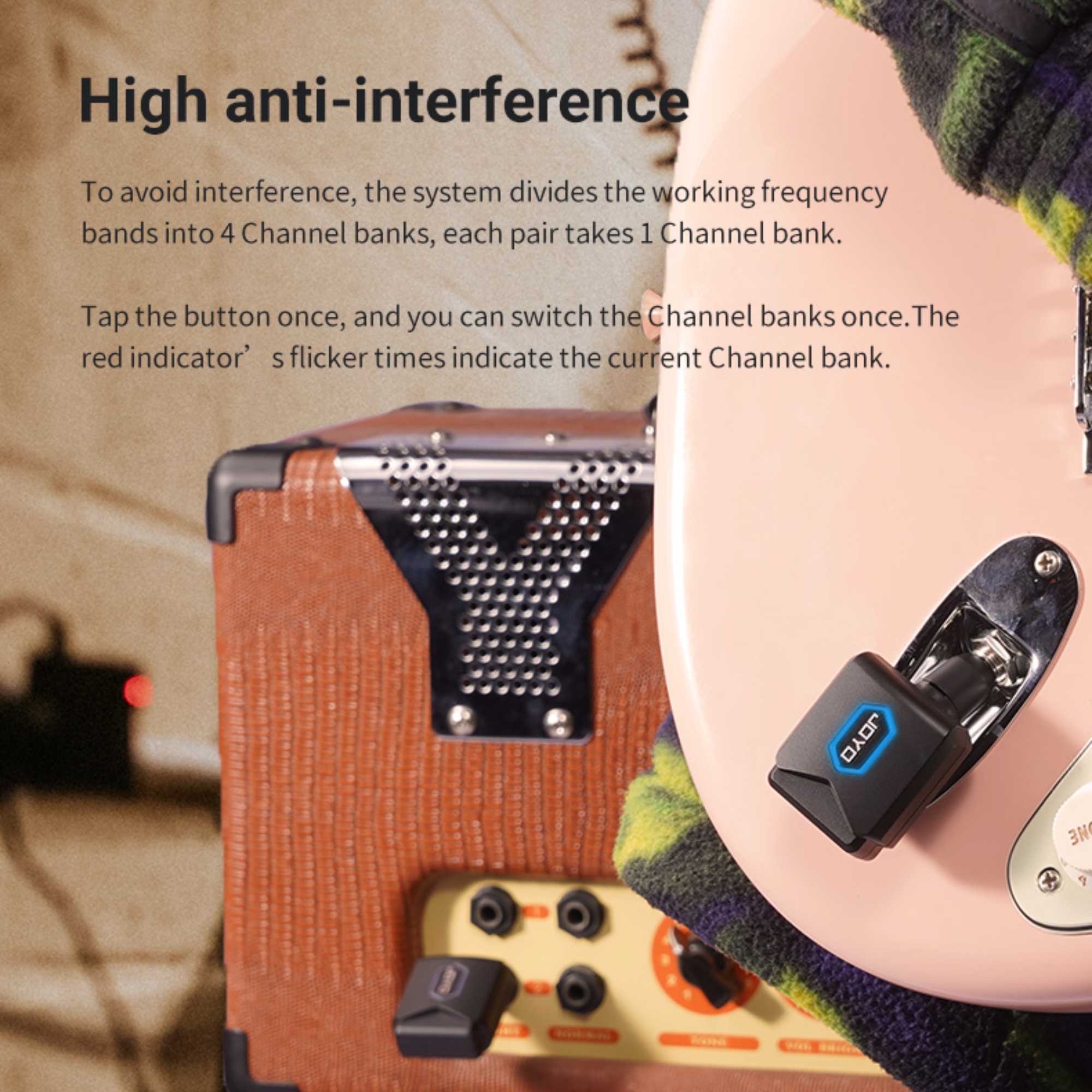 JOYO Wireless Guitar System 58GHz Wireless Guitar Transmitter Receiver with Charging Box 4 Signal Channel for Guitar Bass Electric Instruments JW-06