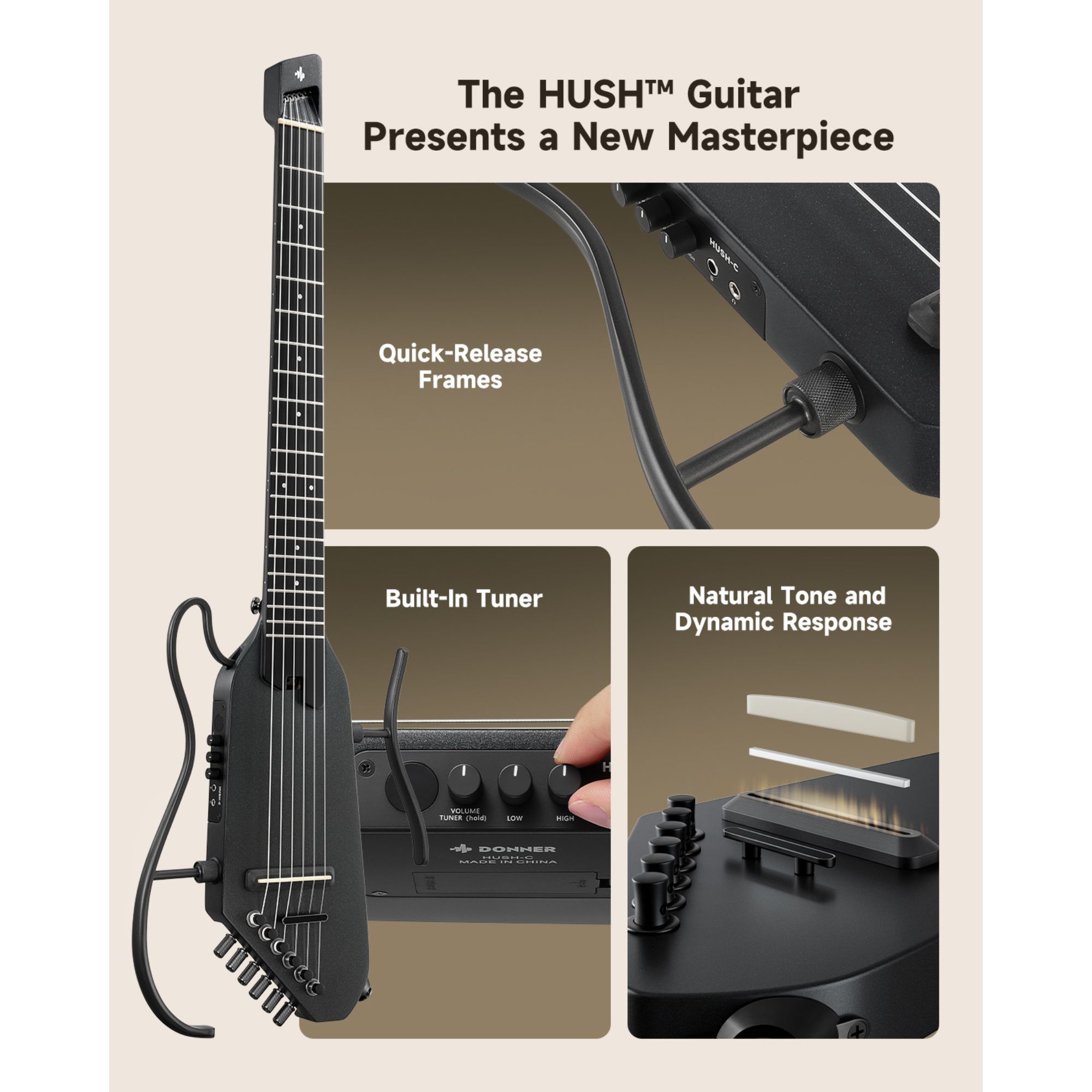 Donner HUSH C Acoustic-Electric Nylon String Classical Guitar Ultra-Lightweight Travel Guitar with Built-In Tuner HPS-II Preamp Headphone Jack Quick-Release handle Black