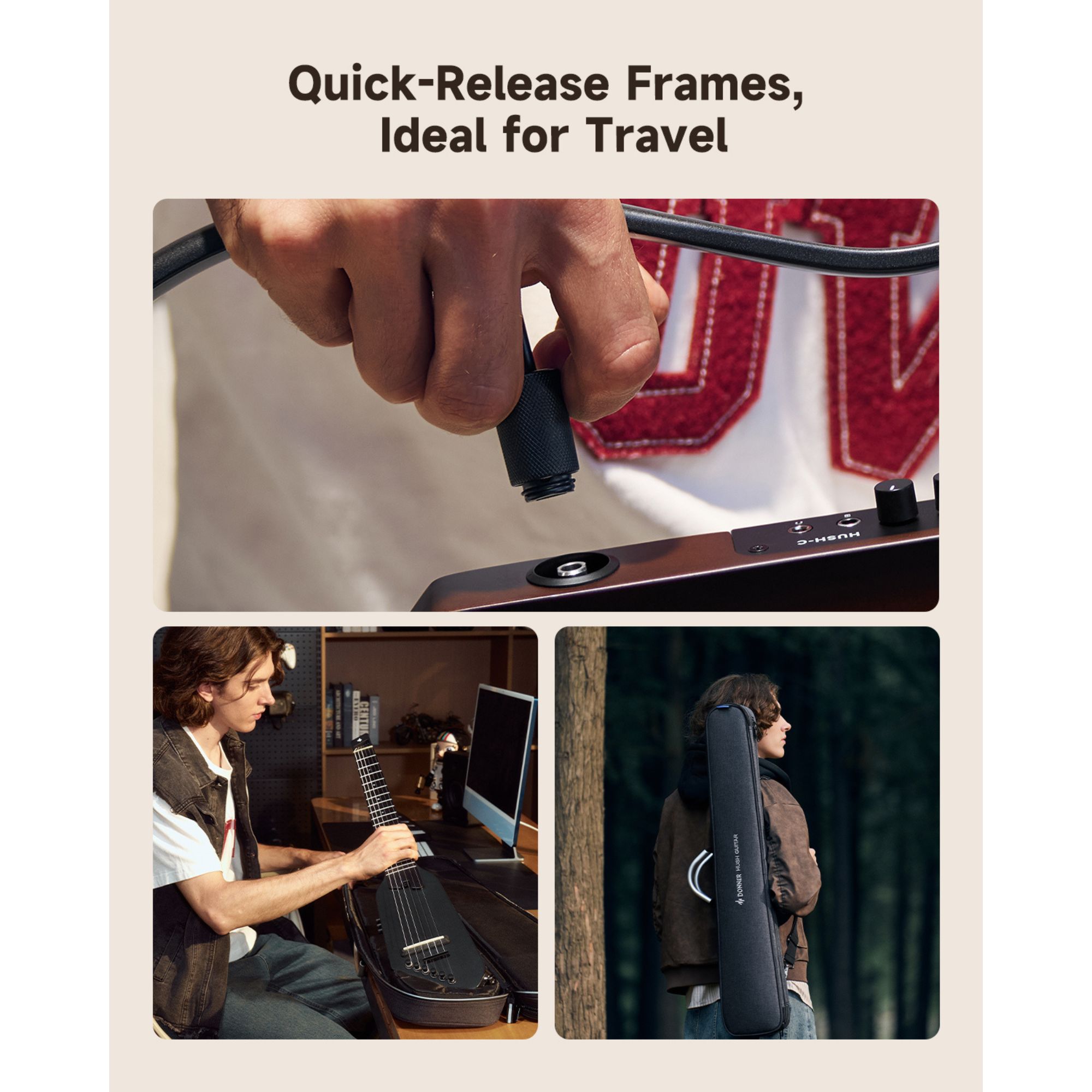 Donner HUSH C Acoustic-Electric Nylon String Classical Guitar Ultra-Lightweight Travel Guitar with Built-In Tuner HPS-II Preamp Headphone Jack Quick-Release handle Black