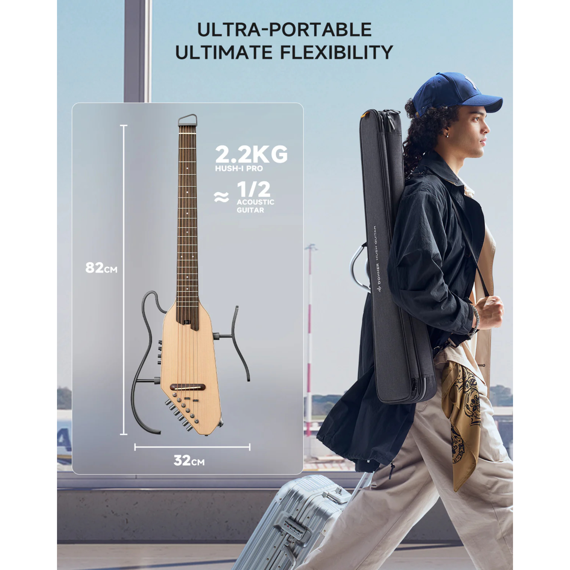 Donner HUSH-I PRO Natural Acoustic-Electric Travel Guitar Kit with onboard Effects