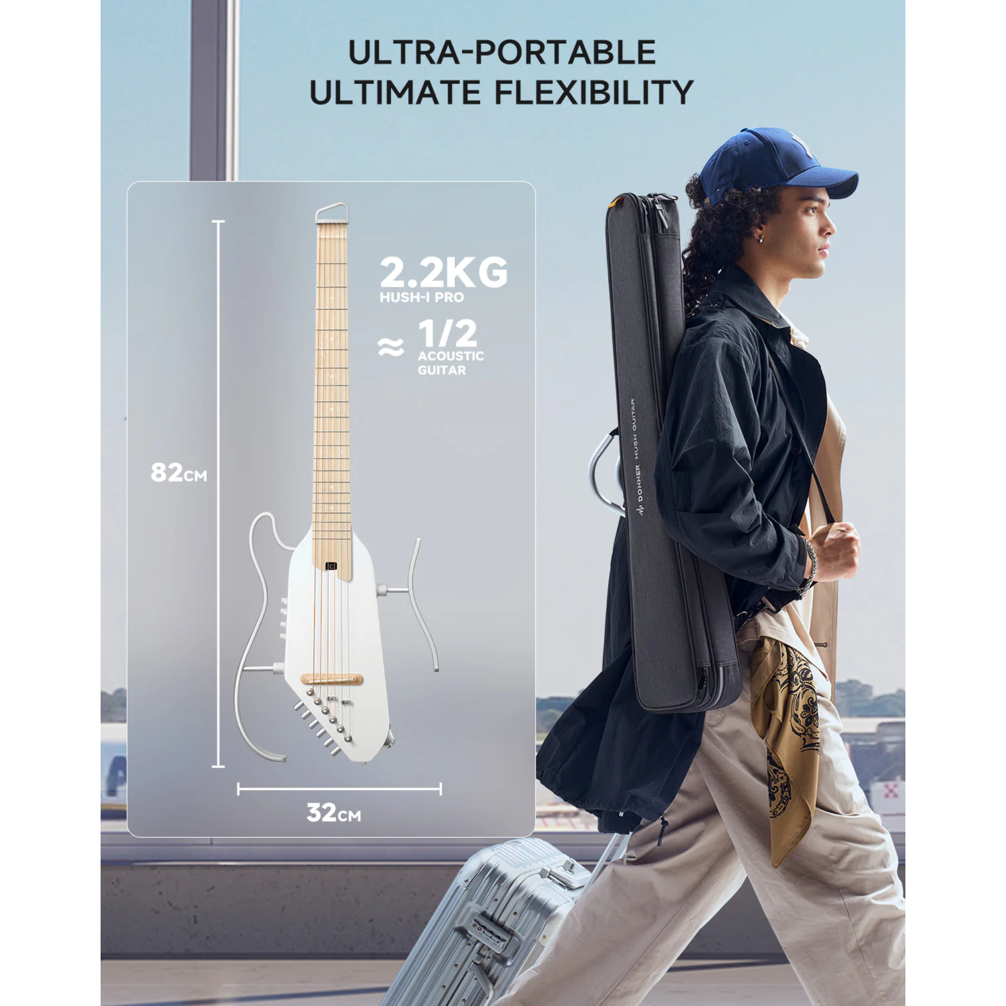 Donner HUSH-I PRO White Acoustic-Electric Travel Guitar Kit with onboard Effects