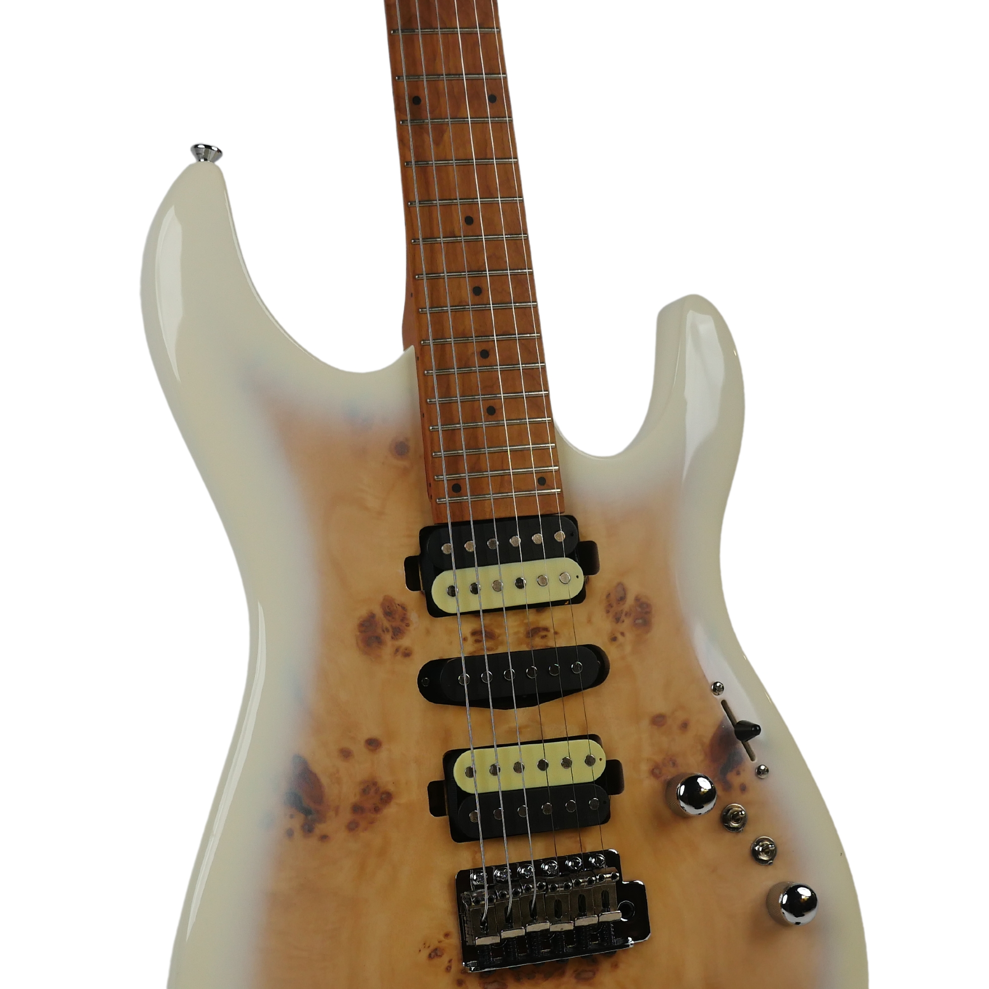 SQOE SEIB550 Ivory Whisper White burl top and roasted maple neck detail