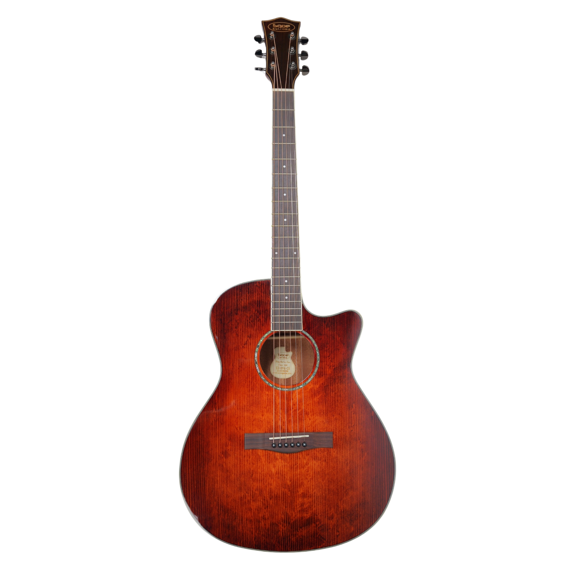 SQOE S340 FGCS Solid Top Acoustic Guitar Classic Cherry Burst Gloss - full front view with cutaway
