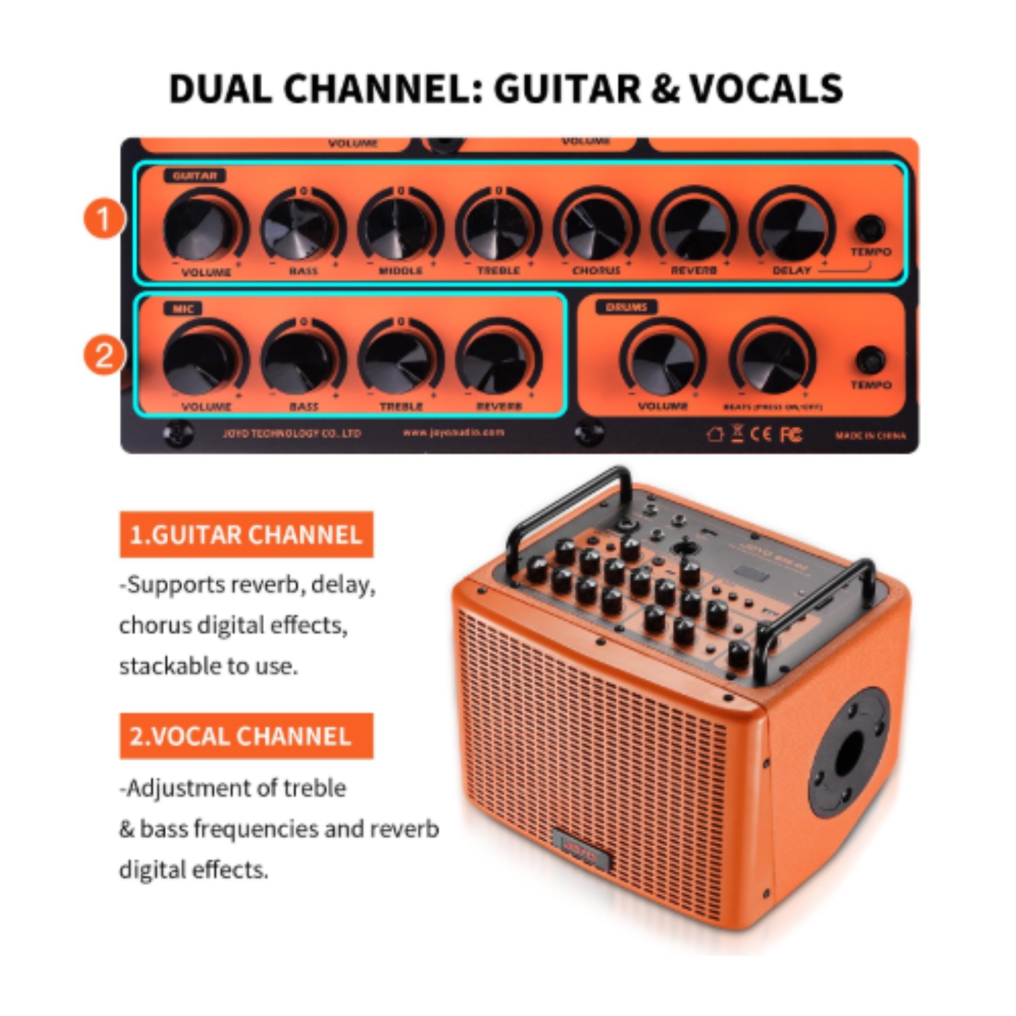 JOYO BSK40 ORANGE 40 Watt Combo Amplifier Rechargeable Guitar Vocal Two Channels Guitar Amp with Drum Machine Reverb Chorus Delay Effects and Bluetooth XLR Aux-in