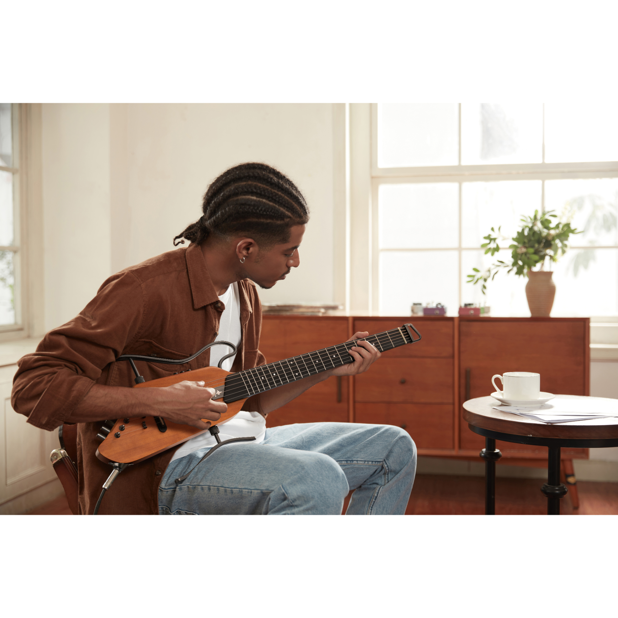 Donner TravelSilent Guitar - Natural Mahogany HUSH-I Headless Guitar Removable Frames Ultra Light Acoustic Electric Guitar with Gig Bag and Accessories