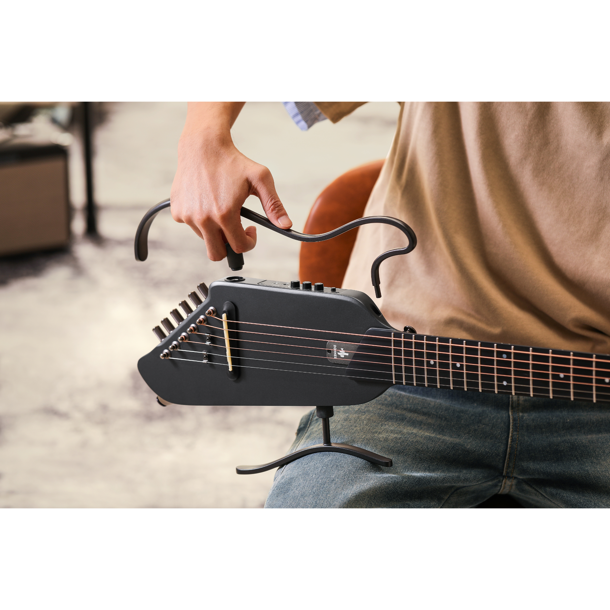 Donner TravelSilent Guitar - Black  HUSH-I Headless Guitar Removable Frames Ultra Light Acoustic Electric Guitar with Gig Bag and Accessories