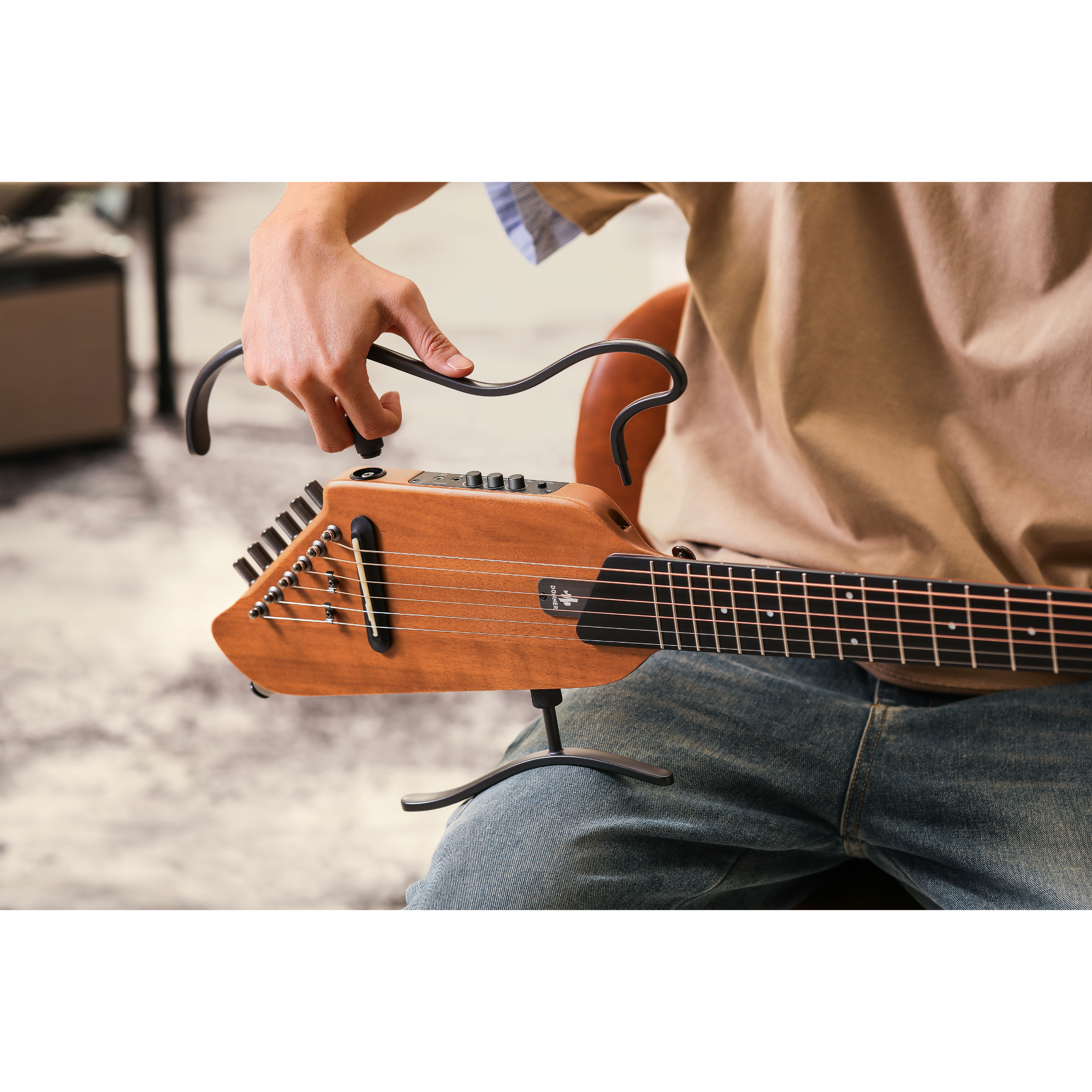 Donner TravelSilent Guitar - Natural Mahogany HUSH-I Headless Guitar Removable Frames Ultra Light Acoustic Electric Guitar with Gig Bag and Accessories