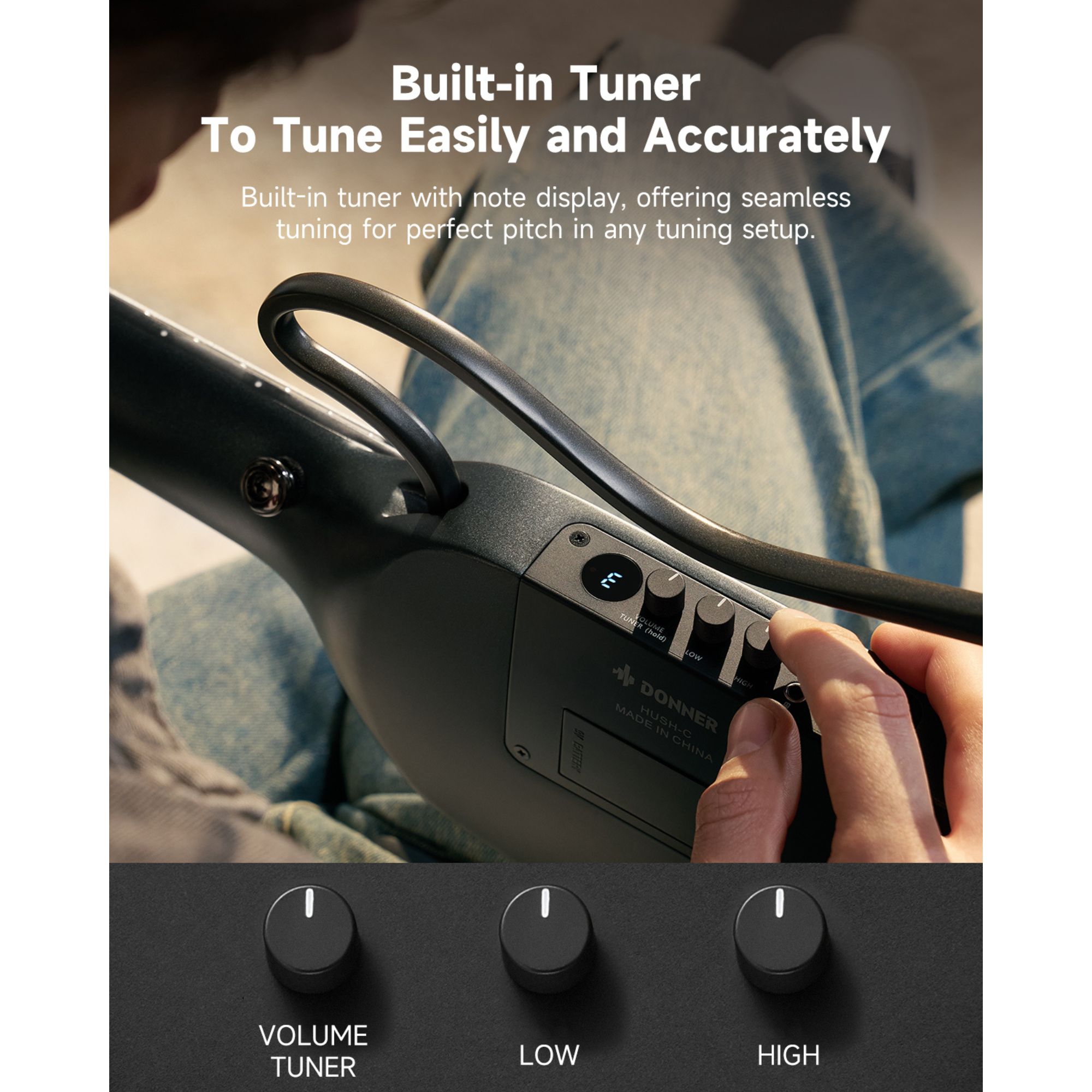 Donner HUSH C Acoustic-Electric Nylon String Classical Guitar Ultra-Lightweight Travel Guitar with Built-In Tuner HPS-II Preamp Headphone Jack Quick-Release handle Black