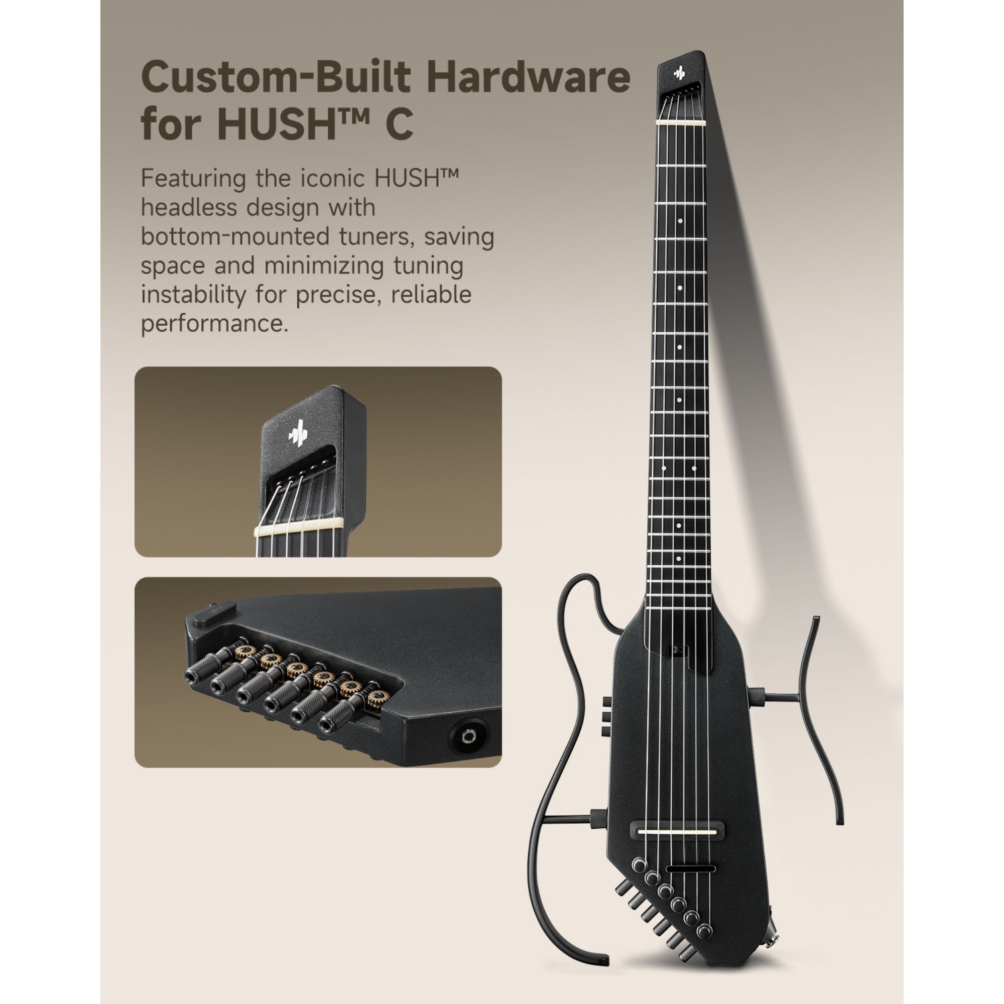 Donner HUSH C Acoustic-Electric Nylon String Classical Guitar Ultra-Lightweight Travel Guitar with Built-In Tuner HPS-II Preamp Headphone Jack  Quick-Release handle  Black