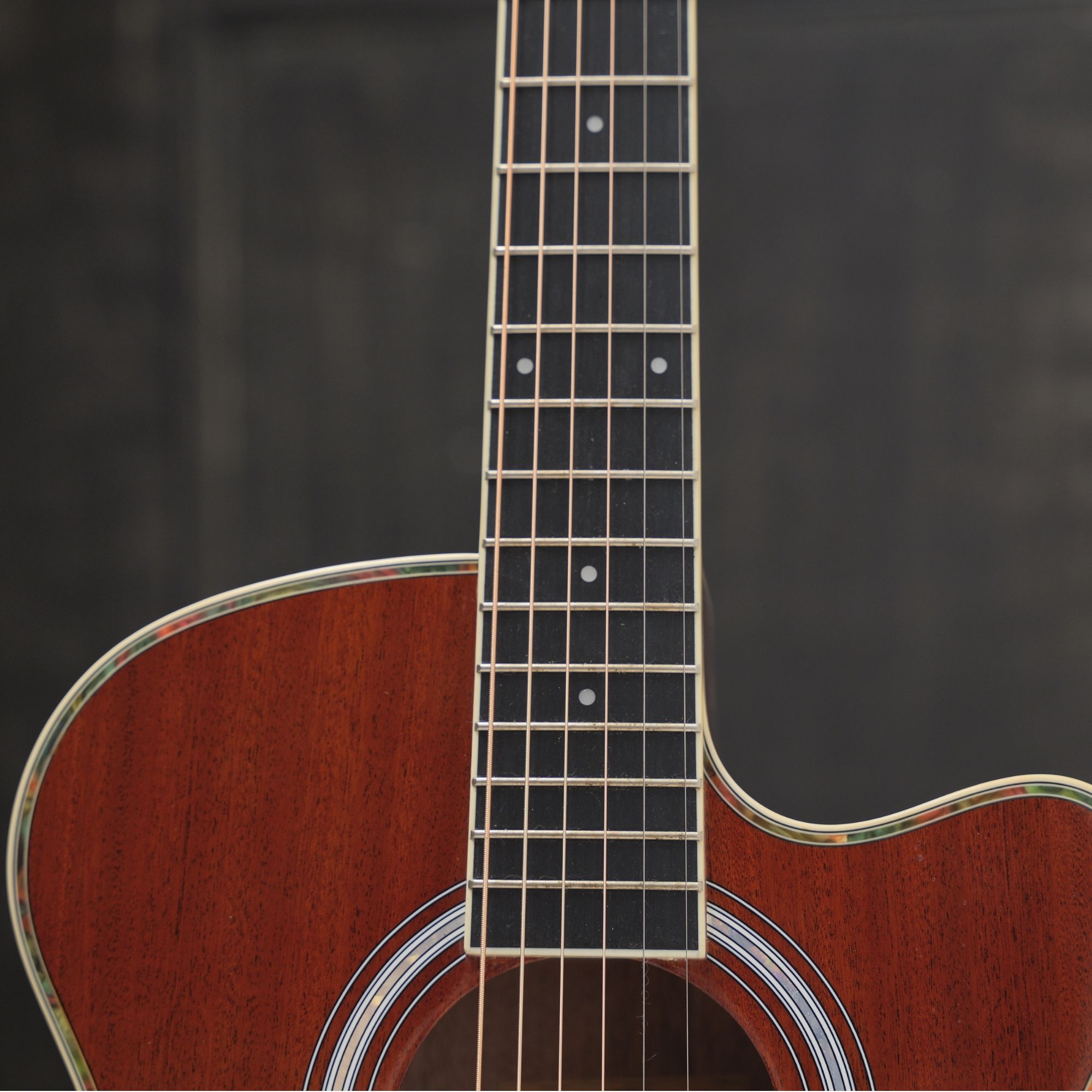 SQOE EA31C 40 Inch Cutaway Acoustic Guitar Gloss Natural - soundhole and fretboard close-up