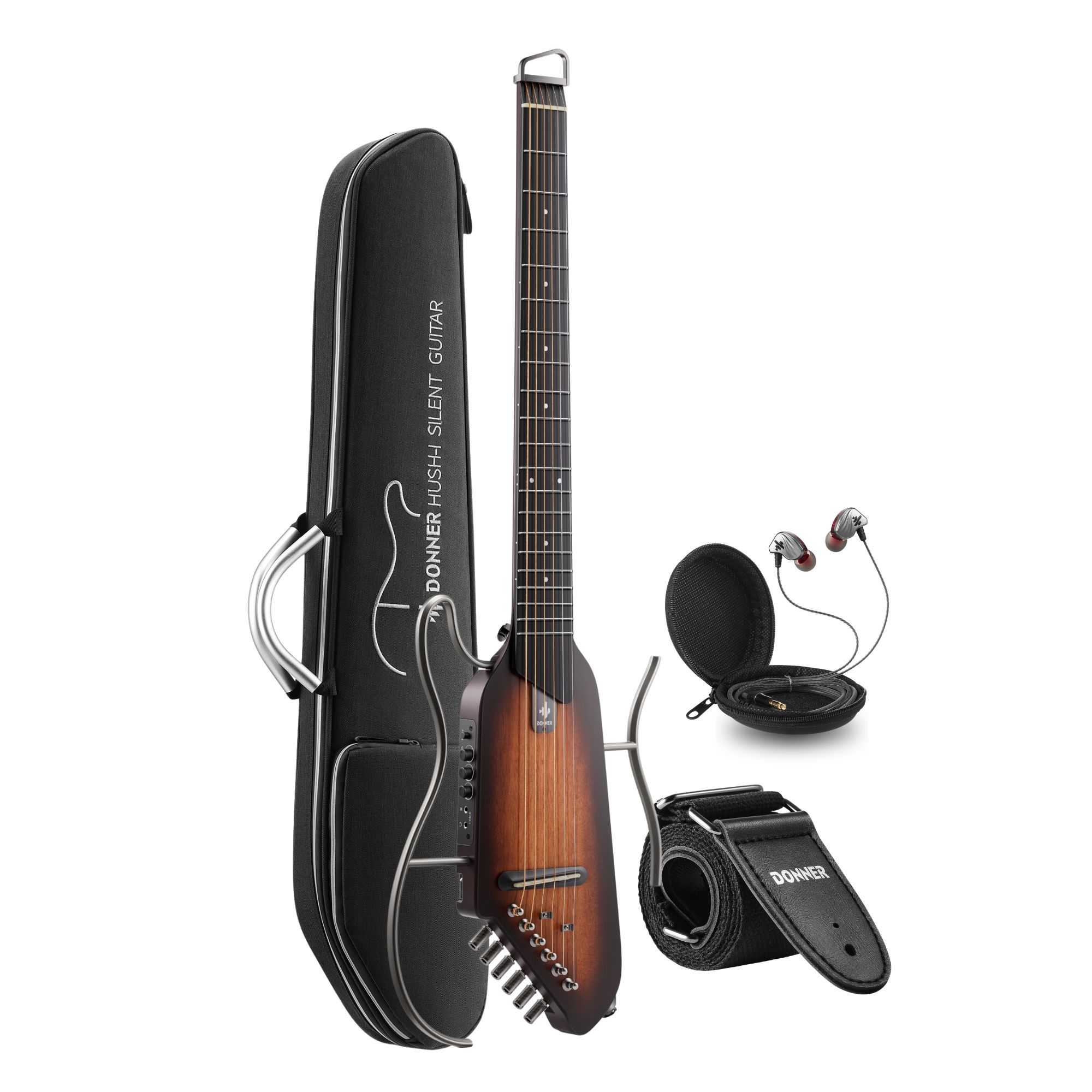 Donner TravelSilent Guitar - Sunburst HUSH-I Headless Guitar Removable Frames Ultra Light Acoustic Electric Guitar with Gig Bag and Accessories