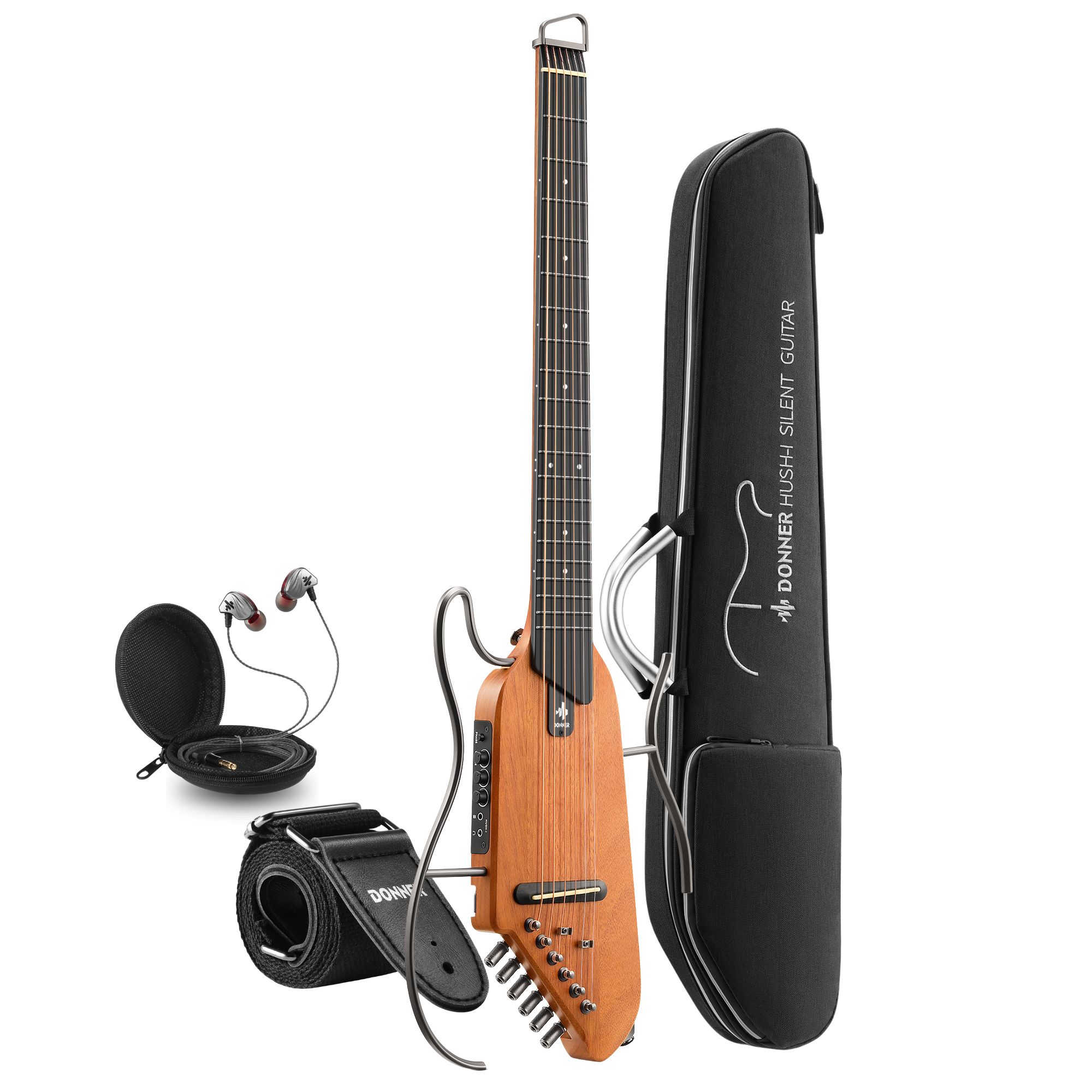 Donner TravelSilent Guitar - Natural Mahogany HUSH-I Headless Guitar Removable Frames Ultra Light Acoustic Electric Guitar with Gig Bag and Accessories