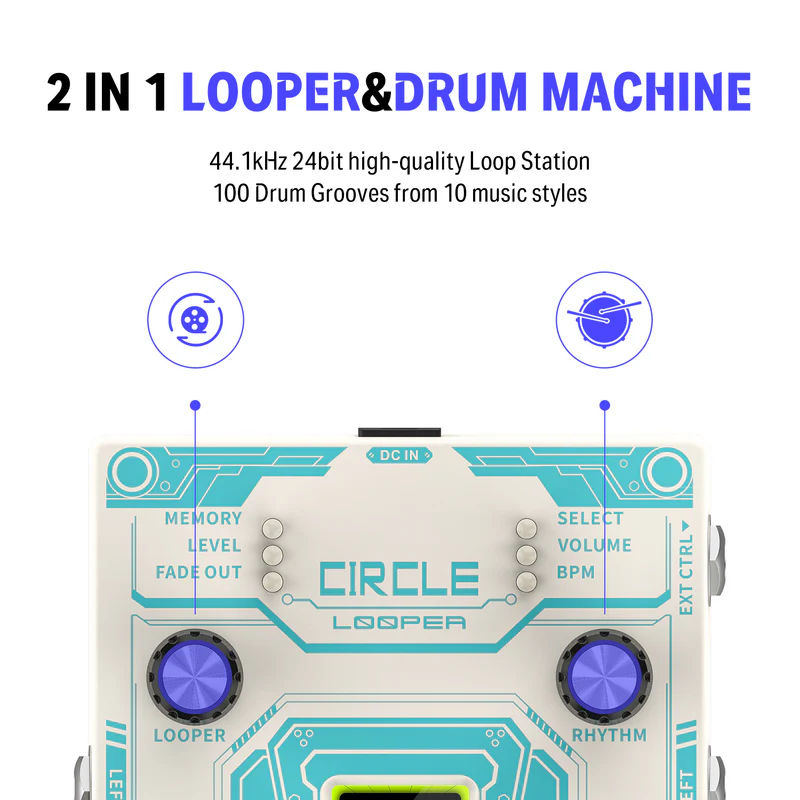 Donner Circle Looper Pedal Stereo Guitar Looper Pedal 40 Slots 160 mins with Drum Machine 100 Drum Grooves Tap Tempo Fade Out