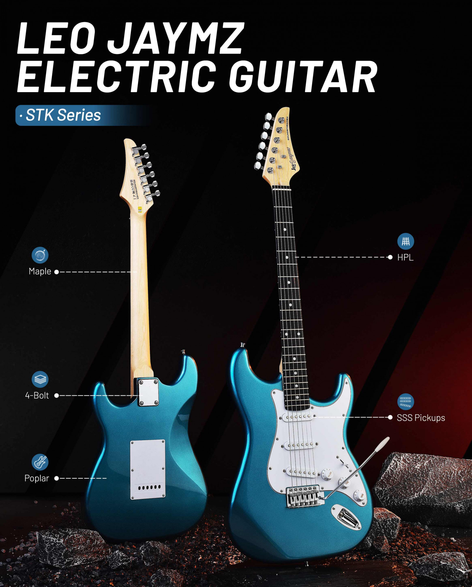 Leo Jaymz Blue Beginner Electric Guitar Complete Kit with Portable Amp Padded Gig Bag Full Accessories Maple Neck SSS Pickups