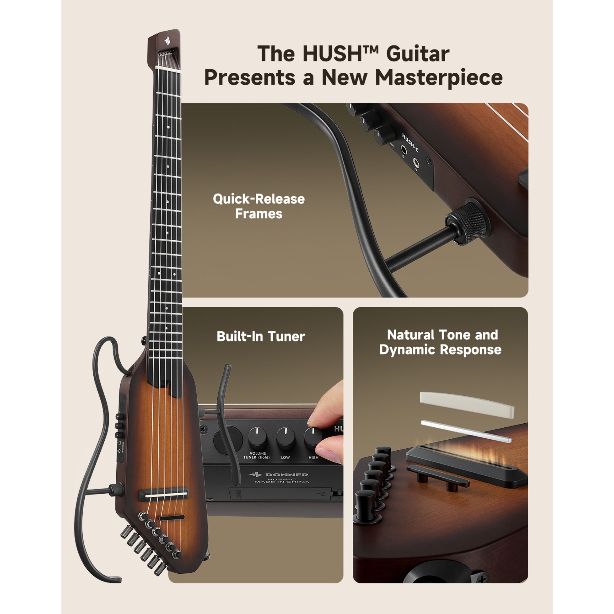 Donner HUSH C Acoustic-Electric Nylon String Classical Guitar Ultra-Lightweight Travel Guitar with Built-In Tuner HPS-II Preamp Headphone Jack  Quick-Release handle  Sunburst